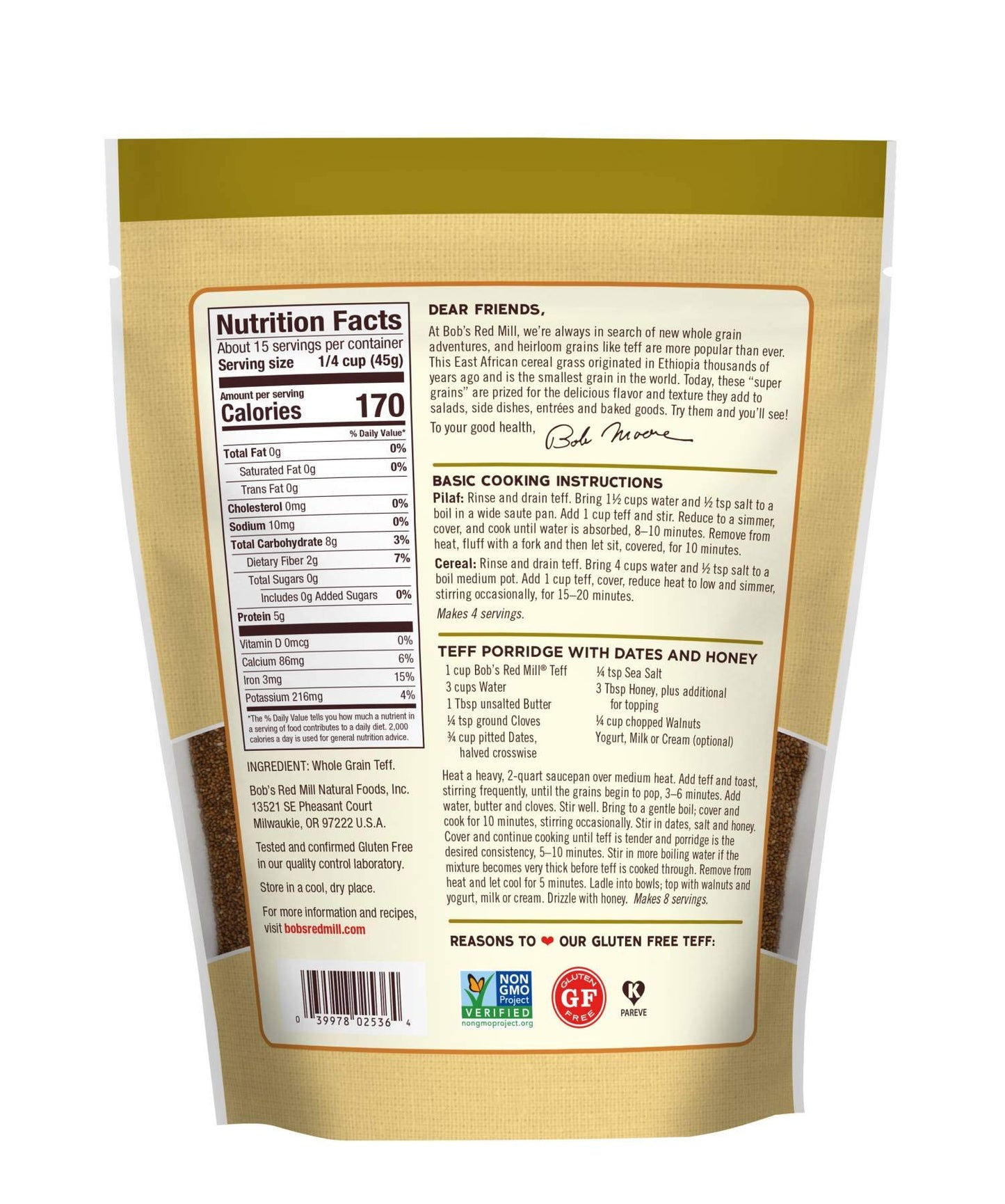 Bobs Red Mill Whole Grain Teff, 24oz (Pack of 1) - Non GMO, Whole Grain, Vegan, Kosher