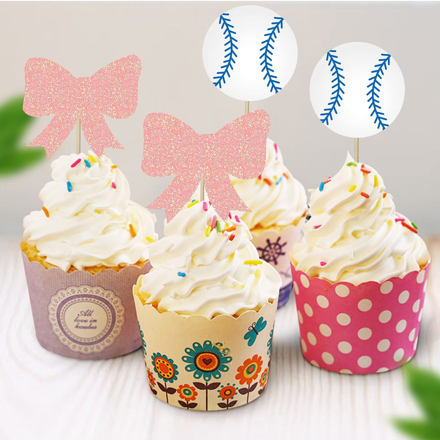 24 Pcs Baseballs Or Bows Cupcake Toppers Gender Reveal Party Decorations For Picks Baby Shower Birthday Party Cake Decoration Su