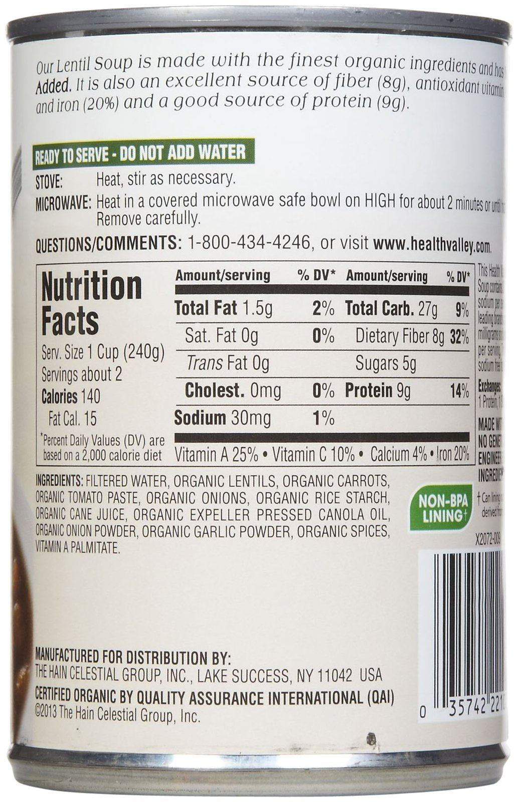 Health Valley Organic Lentil Soup, No Salt, 15 Oz