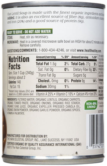 Health Valley Organic Lentil Soup, No Salt, 15 Oz