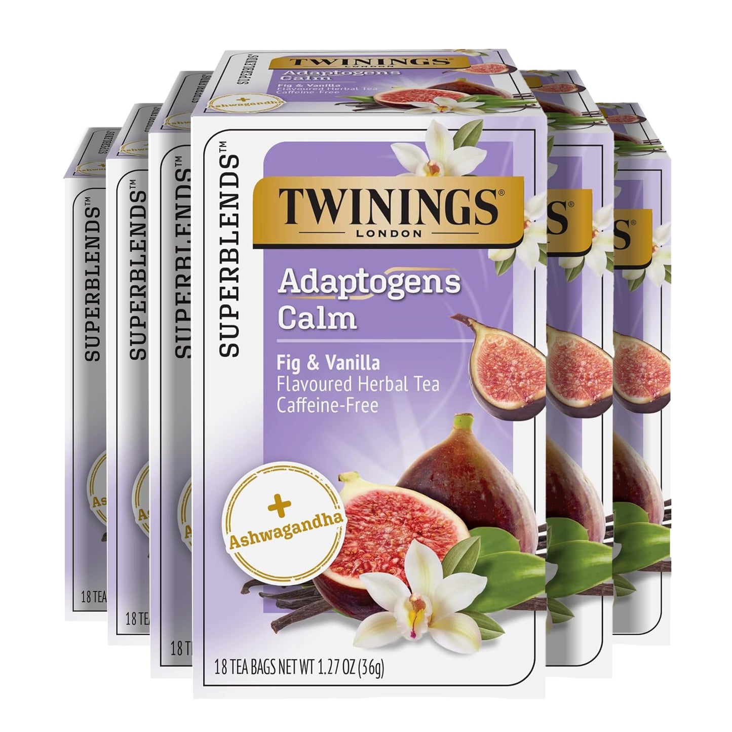 Twinings Herbal Tea, Superblends Adaptogens Calm, Caffeine-Free, Fig & Vanilla, 18 Count (Pack of 6)