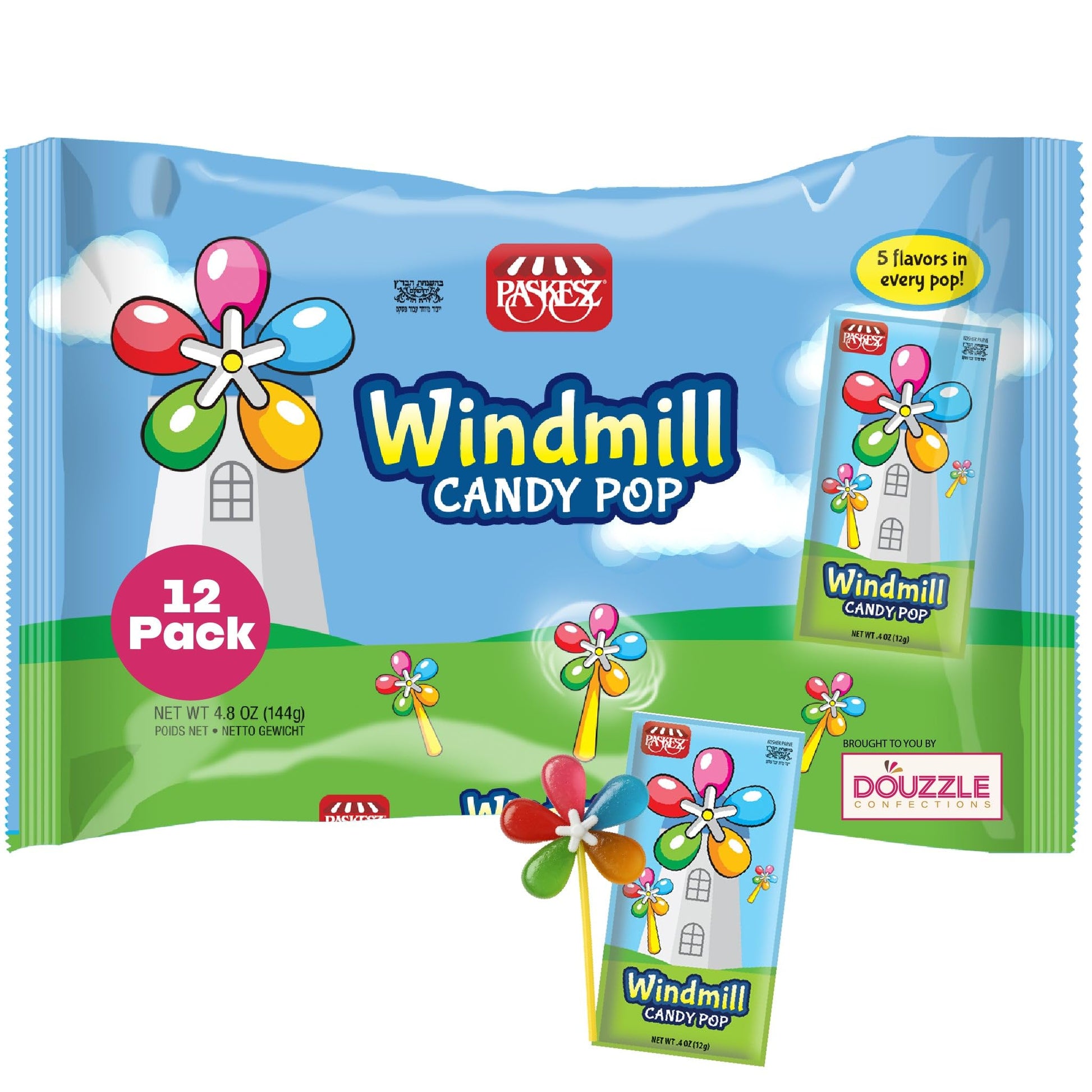 DOUzzle Windmill Candy Pop Spinner, 5 Flavors in Every Pop, Fun Lollipop (12 Count, Pack of 1) Individually Wrapped Candies, Bir