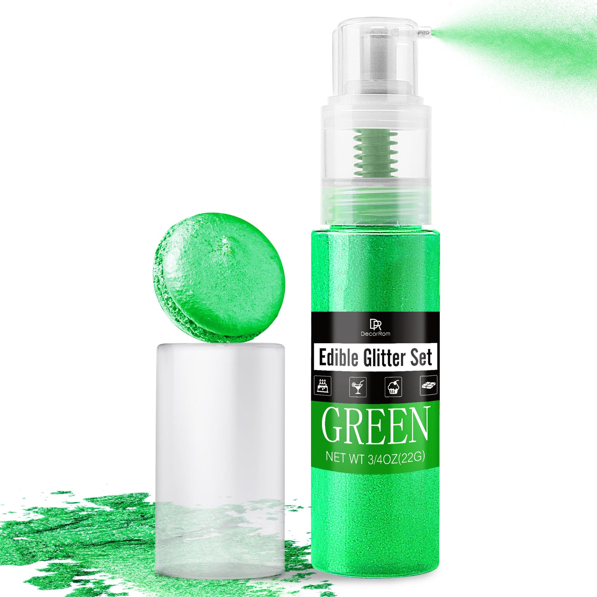 DecorRom Edible Glitter Spray - 3/4oz Luster Dust, Food Grade Shimmer Powder for Cake Decorating, Green