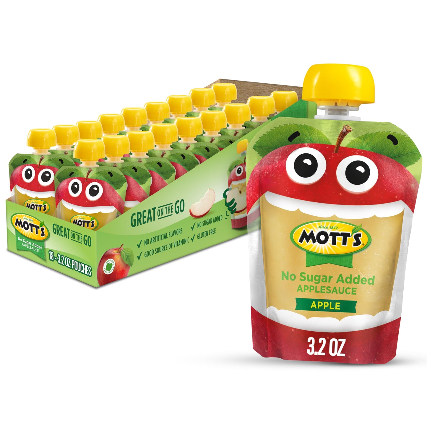 Motts No Sugar Added Applesauce, 18 Count Clear Pouches, 3.2 oz Each