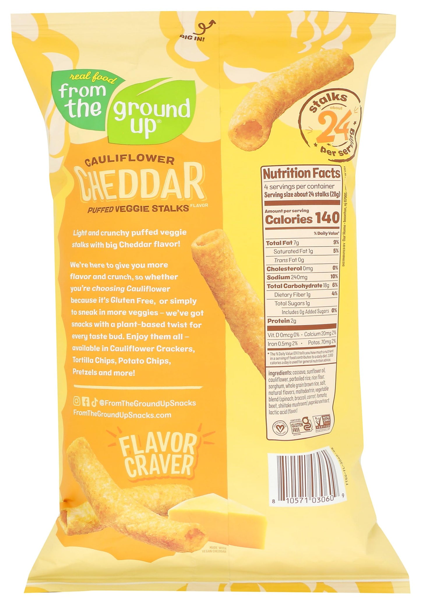 REAL FOOD FROM THE GROUND UP Cauliflower Stalk Cheddar Stick, 4 Ounce, Gluten-Free Snack