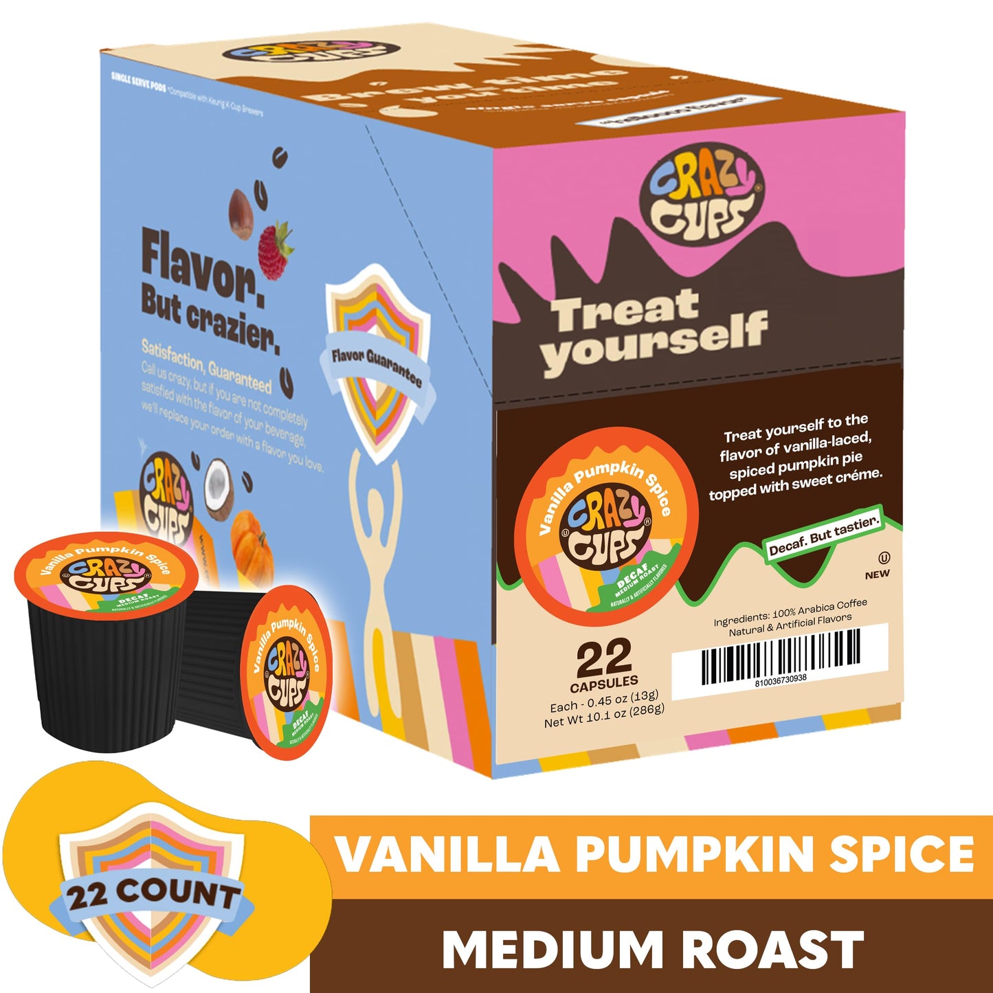Crazy Cups Decaf Flavored Vanilla Pumpkin Spice Coffee Pods, Medium Roast, Single Serve for Keurig, 22 Count