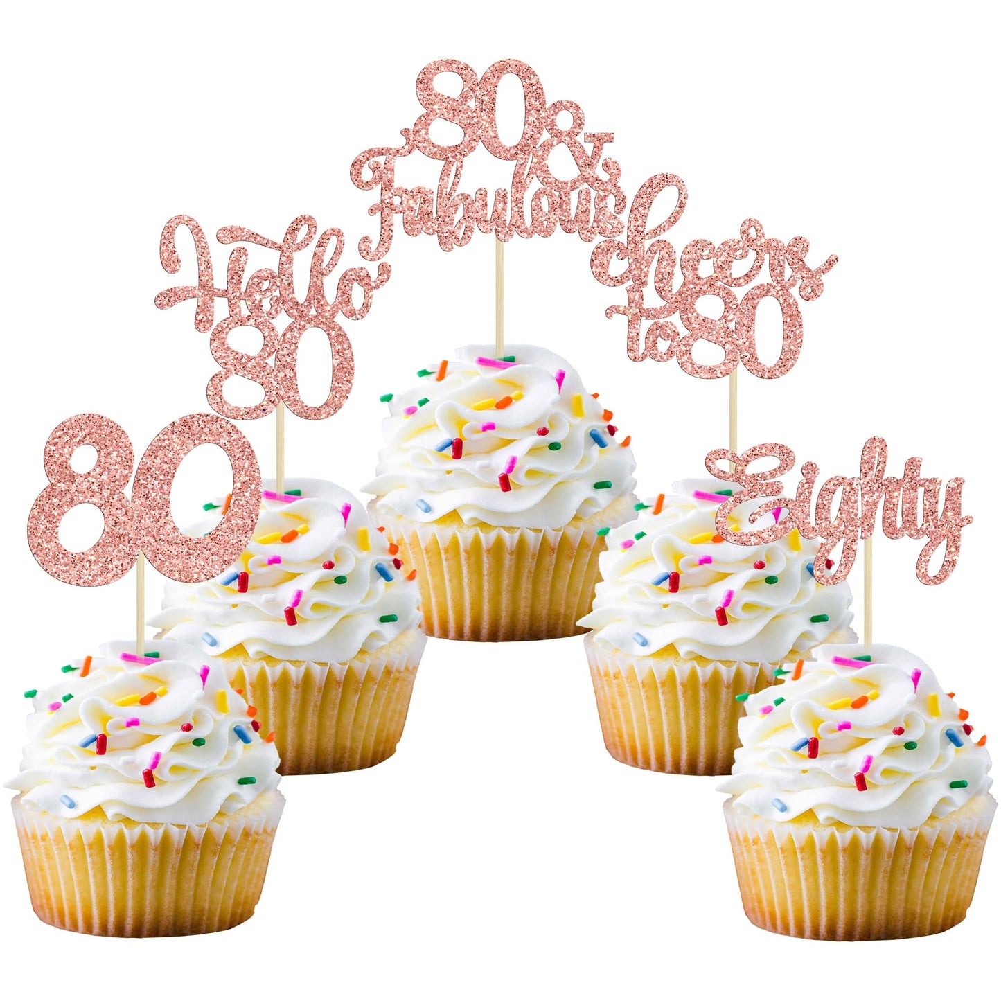 30Pcs Happy 80Th Birthday Cupcake Toppers Eighty Cheers To 80 Years Old Birthday Cupcake Picks For Happy 80Th Birthday Anniversary Party Cake Decorations Rose Gold Glitter
