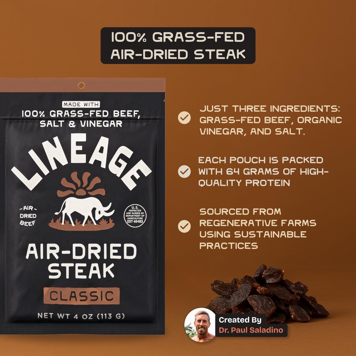 Lineage Provisions 100% Grass Fed Air-Dried Steak - Nutrient-Dense Carnivore Snacks - Tender Beef Jerky Bites - Keto-Friendly Steak Jerky - Zero Sugar  Zero Carbs - 64 grams of protein - 3-Pack