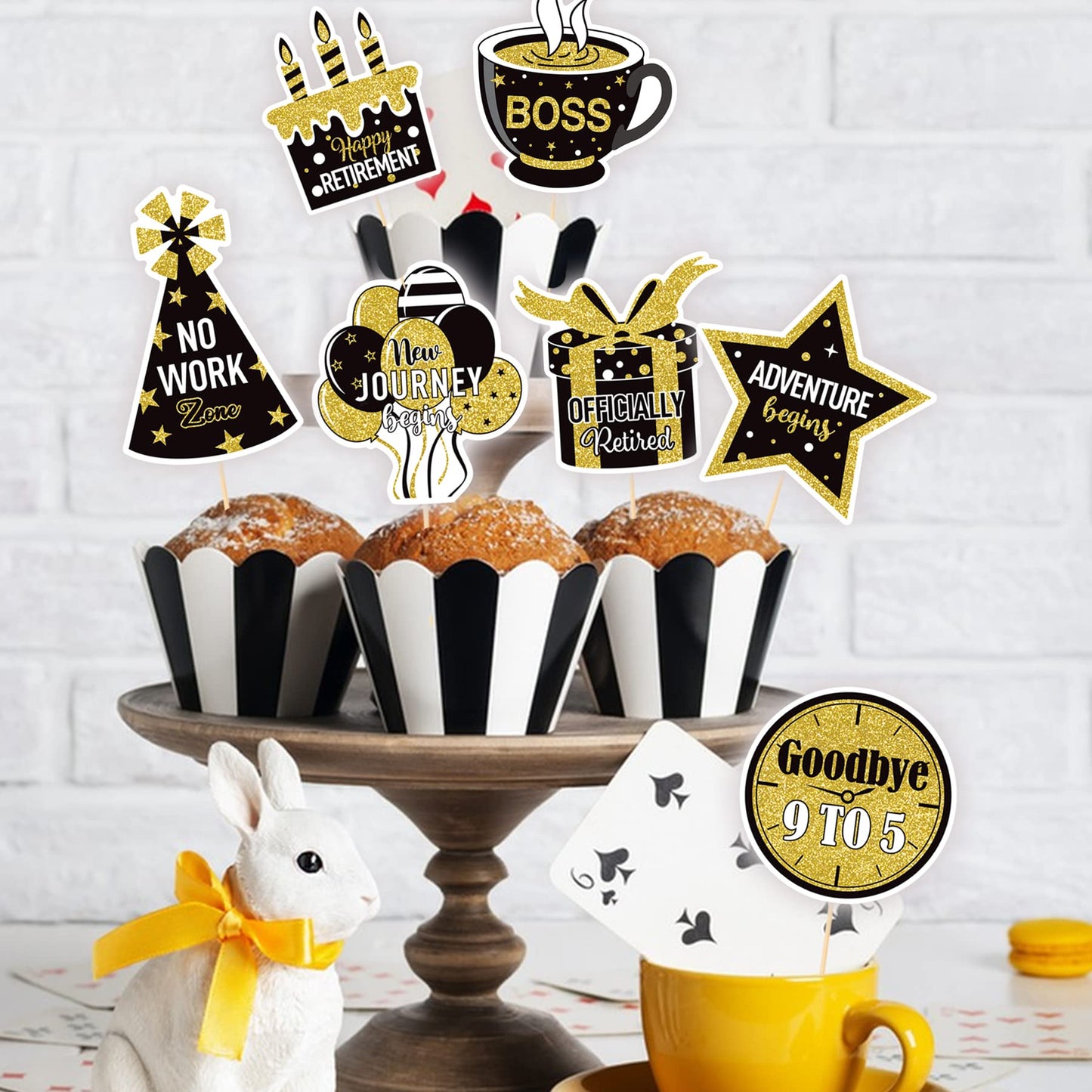 NANAGALI Happy Retirement Cupcake Toppers, 36 Pcs Gold Glitter Cake Decorations, Paper, No DIY, Retirement Theme