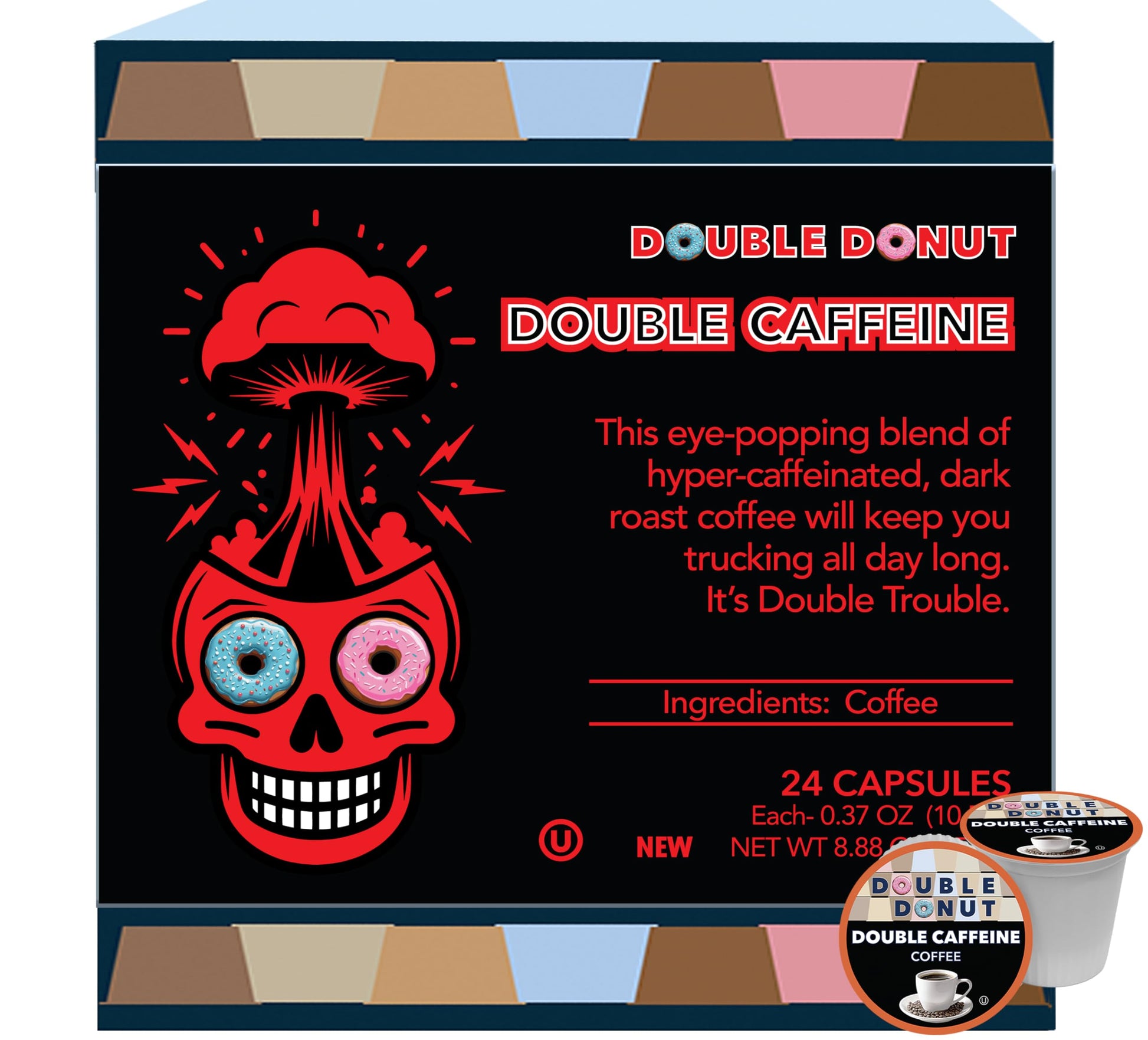 Double Donut Coffee Pods - Extra Strong Dark Roast, 24 Count for Keurig K Cup Brewer