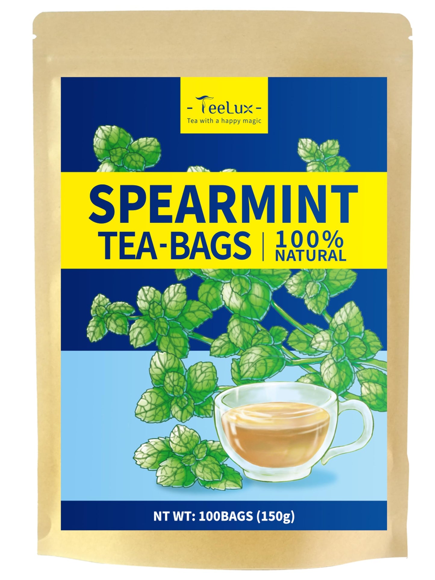 TeeLux Spearmint Tea Bags, Herbal Caffeine-Free Mint Tea, 100 Count