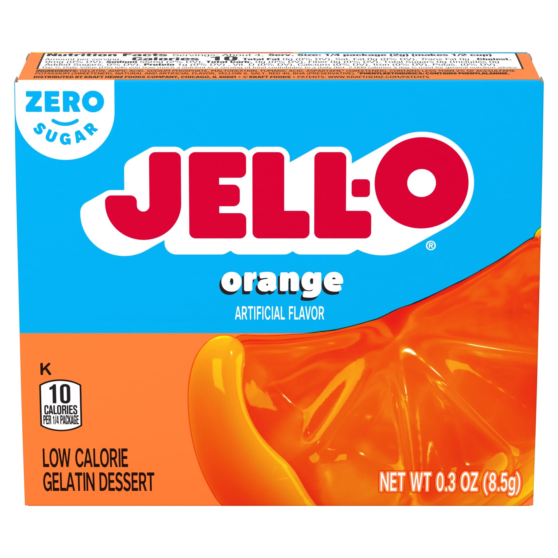 Jell-O Gelatin Dessert Mix, Orange Flavored, Fat Free, Sugar Free, 0.3 oz (Pack of 4)