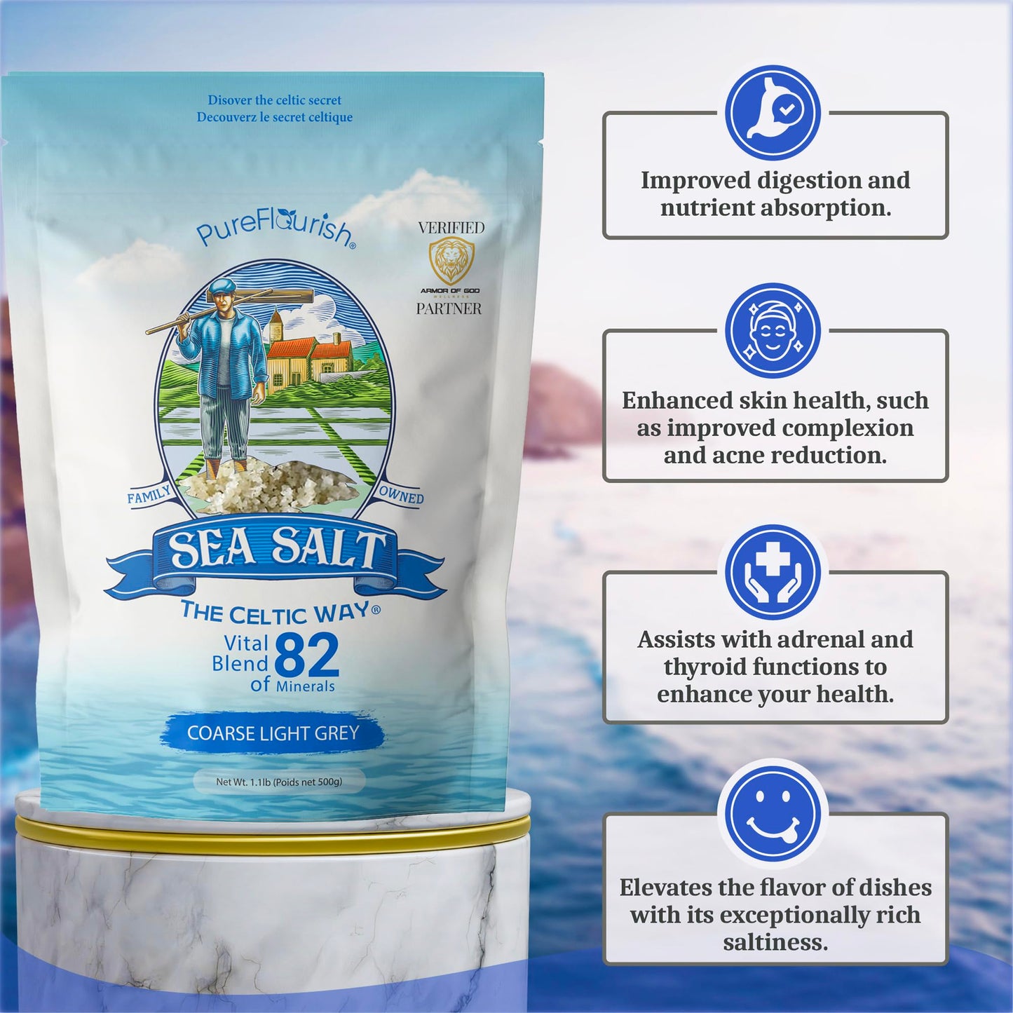Pure Flourish Sea Salt - The Celtic Way 1.1 LB | Certified French Harvest & Import | Organic & Unrefined | Rich in 82 Essential Minerals | Hand Harvested Light Grey Celtic Salt Crystals from France