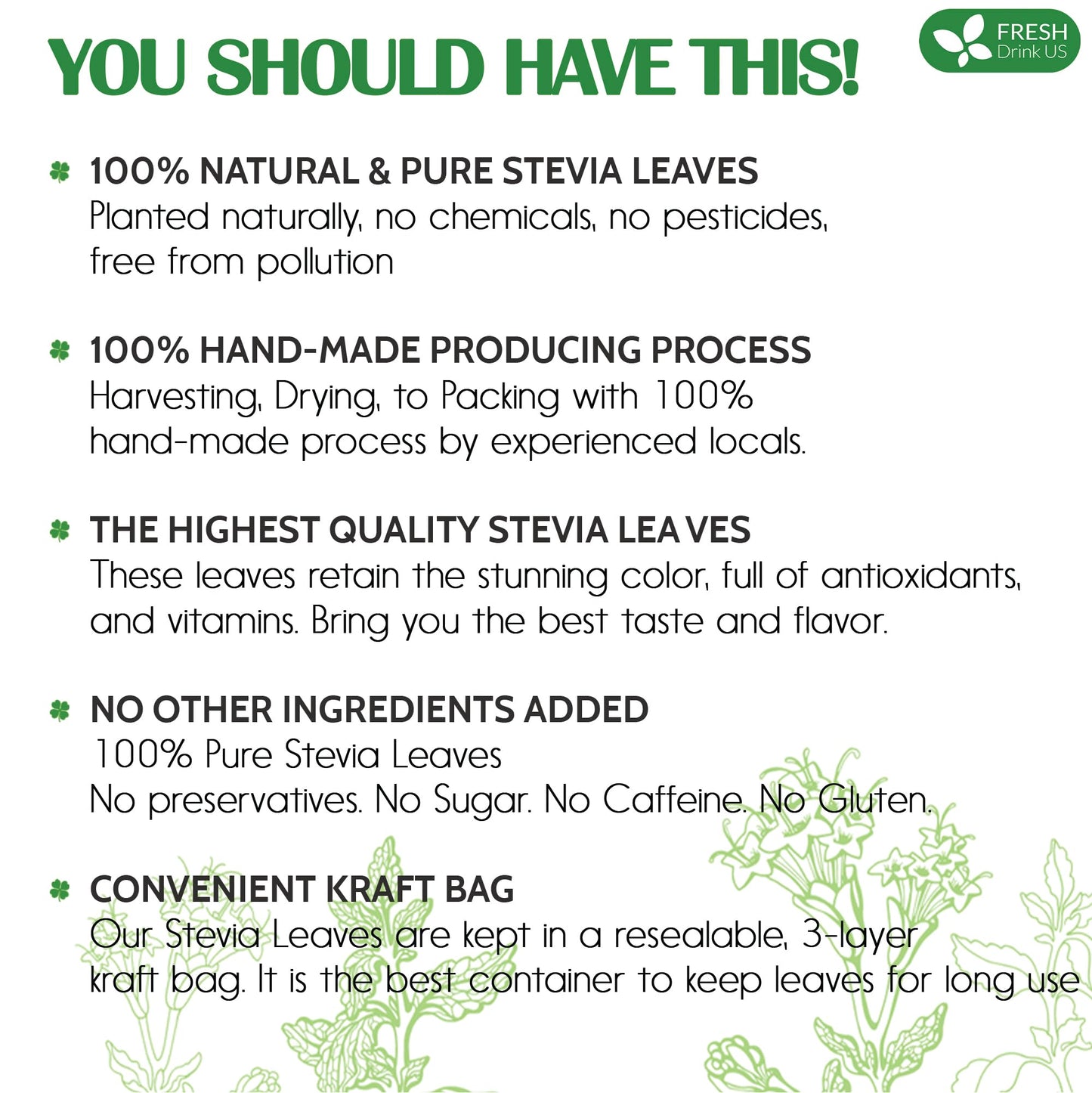 FRESHDRINKUS Premium Stevia Leaves, 100% Pure Dried, Zero Calorie Sweetener, 500 Count