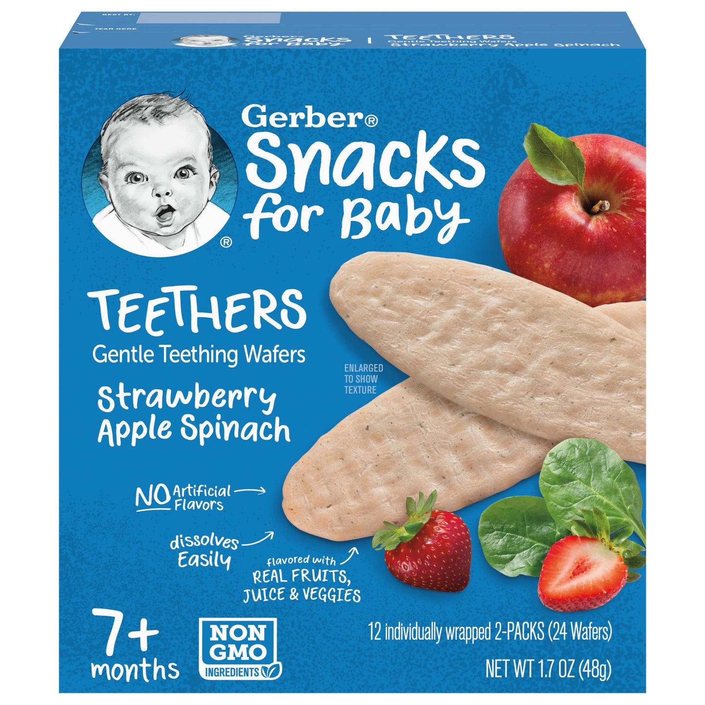 Gerber Snacks For Baby Teethers, Strawberry Apple Spinach, Gentle Teething Wafers, Non-Gmo Ingredients, 12 Individually Wrapped