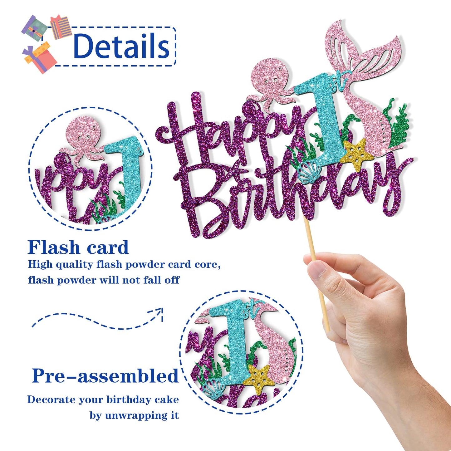 Roadsea Mermaid Happy 1St Brithday Cake Topper - Under The Sea Theme Girl Kid First Birthday Cake Supplies/Ocean World One Merma