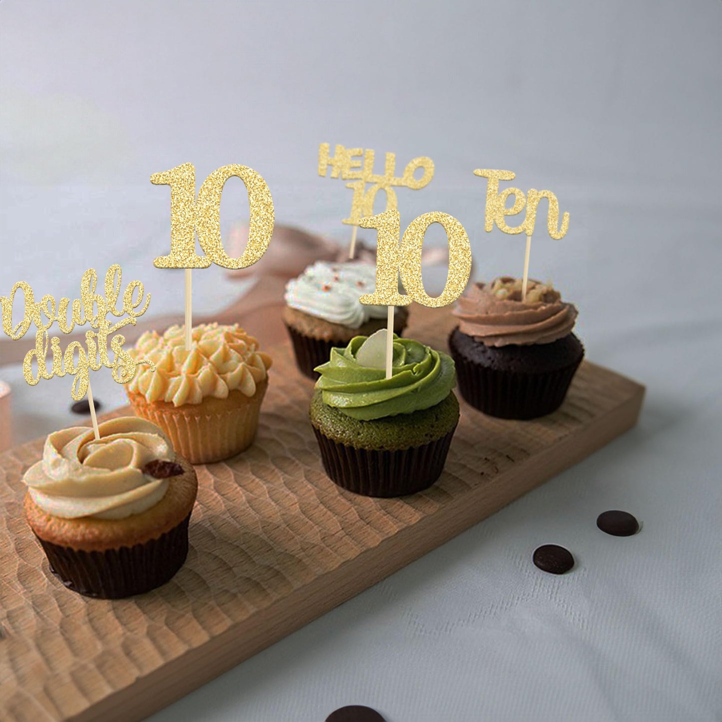 Gyufise 24Pcs Gold Glitter 10Th Birthday Cupcake Toppers Double Digits Cupcake Toppers Hello 10 Ten Cupcake Picks For 10Th Birth