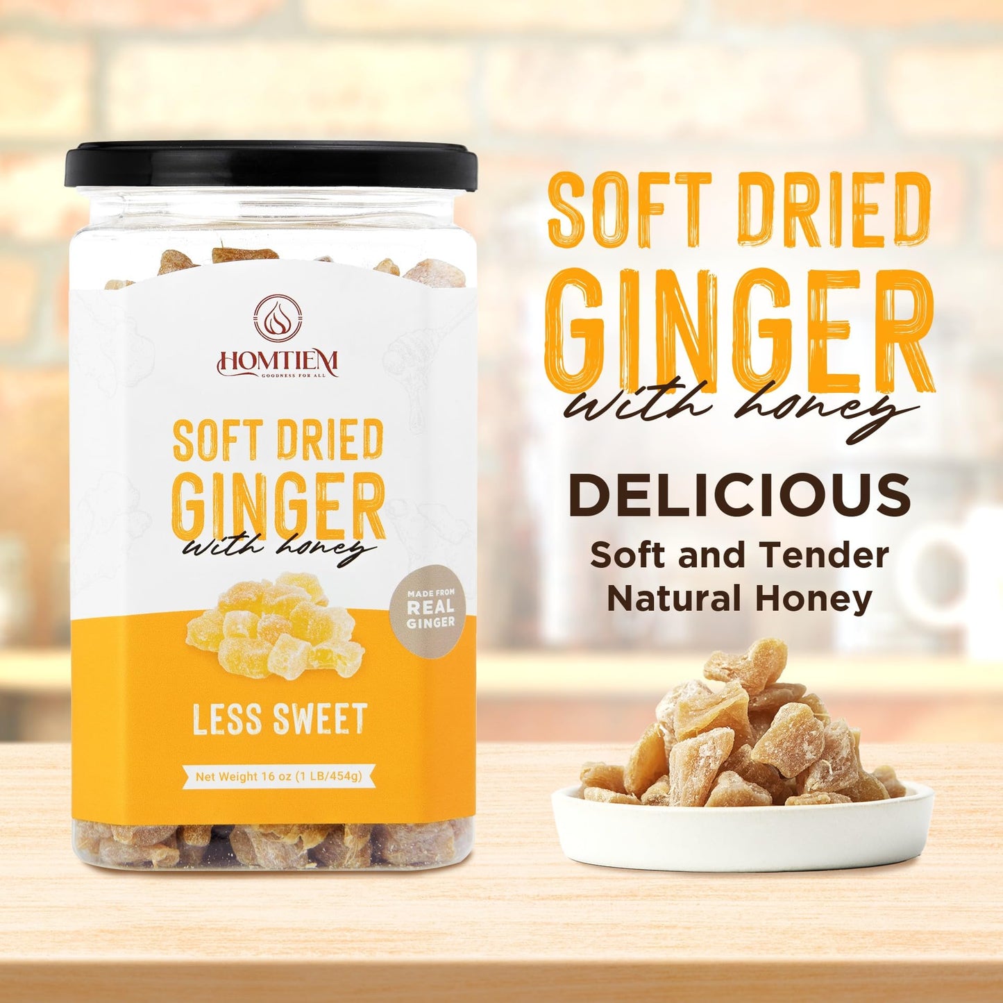 HOMTIEM Dried Crystallized Ginger, Less Sweet, Pack of 6, All-Natural, Preservative-Free, 16 Ounce Each