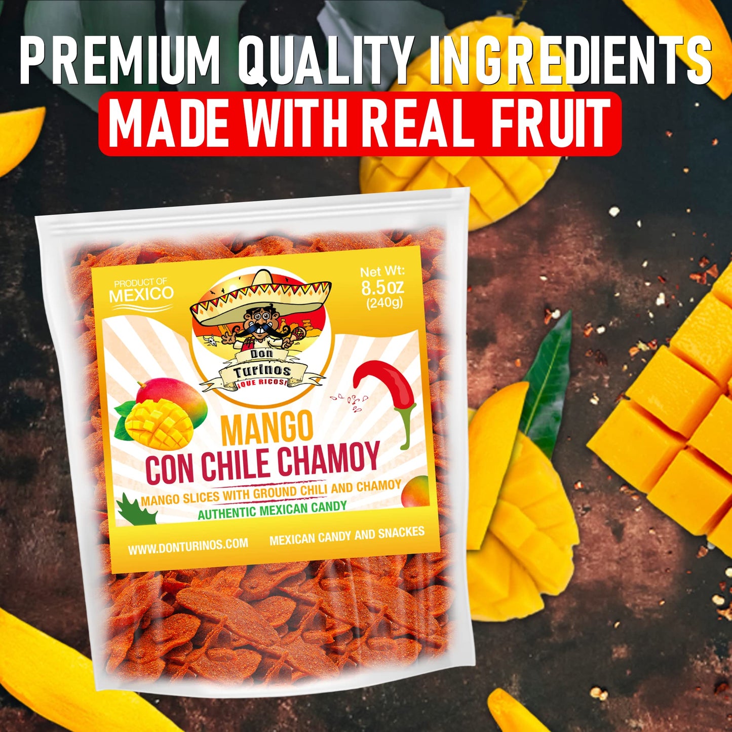 Chili Chamoy Mango Slices by Don Turinos - 8.5 oz Authentic Mexican Dry Fruit Candy, Sweet & Spicy Flavor, Natural Dulce Mexicano