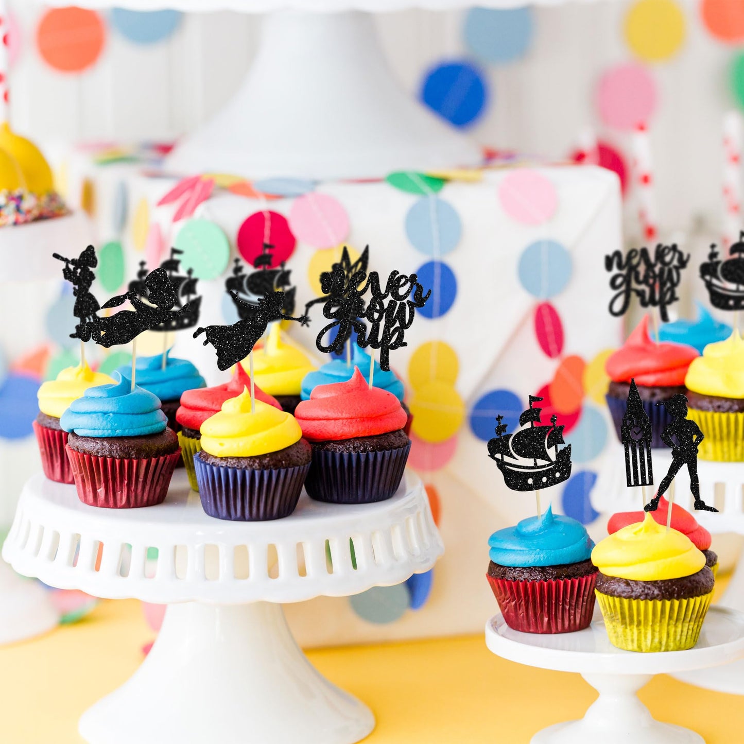 Gyufise 24 Pack Never Grow Up Cupcake Toppers Star Glitter Neverland P Pan Cupcake Picks Night Fairy Tales Elf Girl Cake Decorat