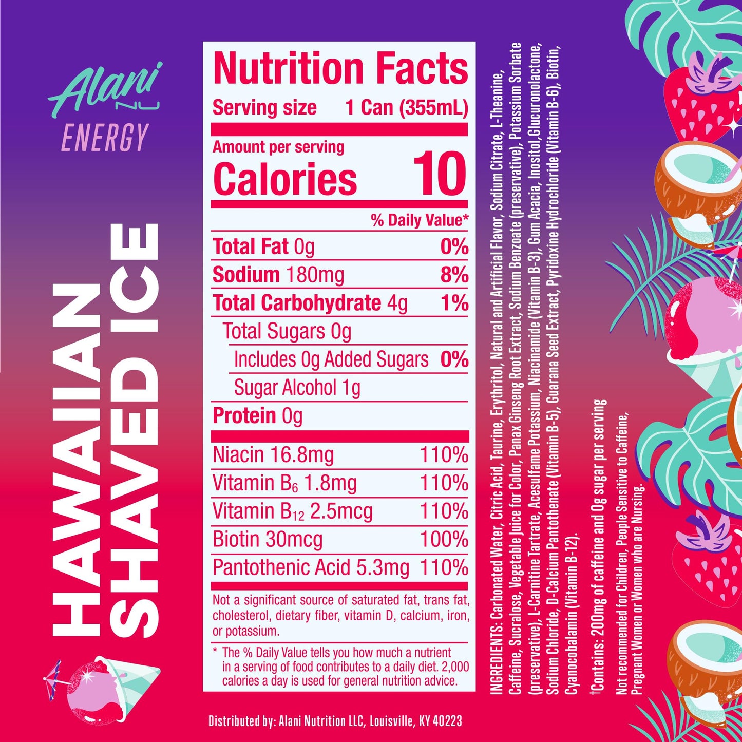 Alani Nu Hawaiian Shaved Ice Energy Drinks, Sugar Free, 200mg Caffeine, 12 Fl Oz Cans, Pack of 24