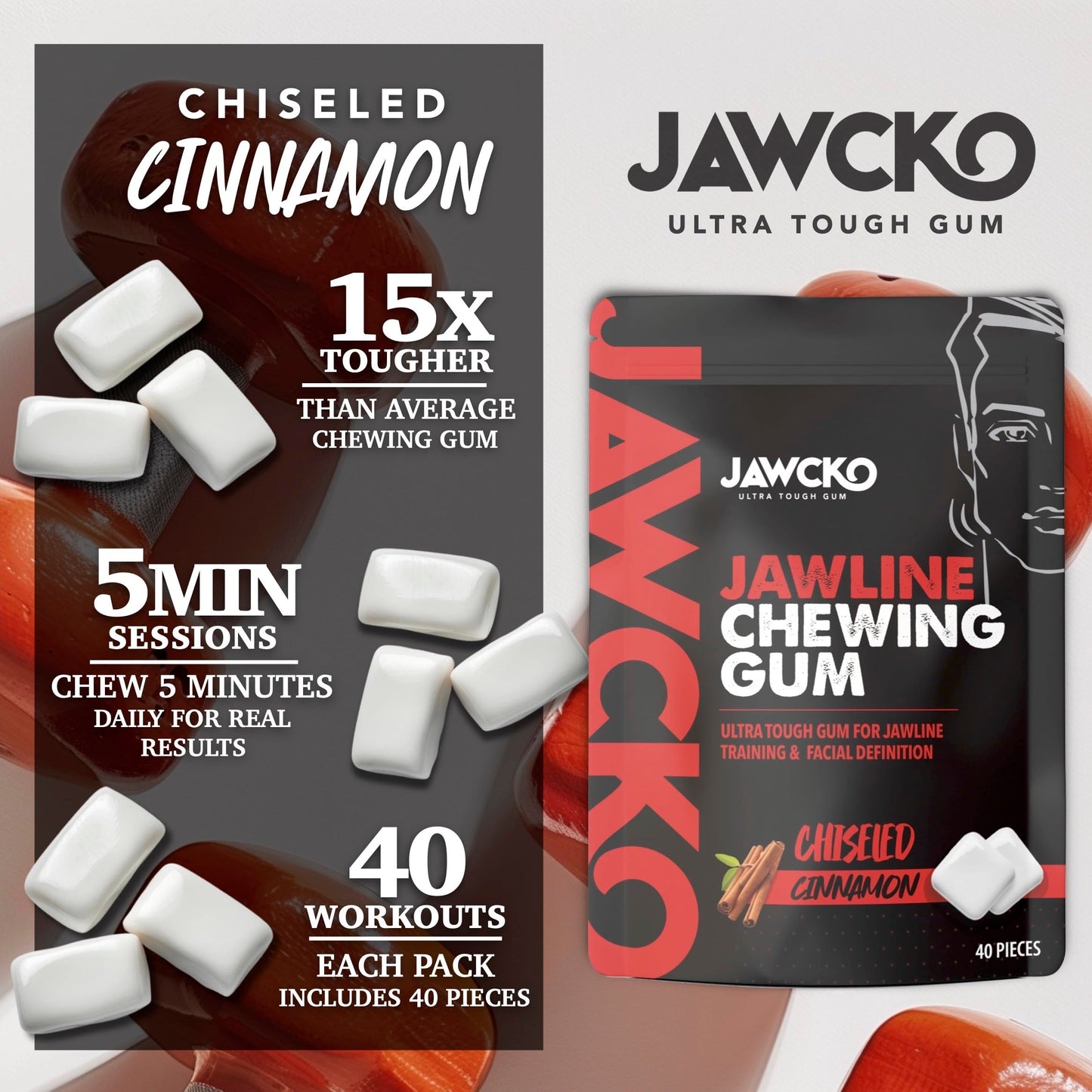 JAWCKO Ultra-Tough Jawline Chewing Gum, Cinnamon Flavor, 40 Pieces/Pack, 15X Strength, Facial Fitness Chewing Gum