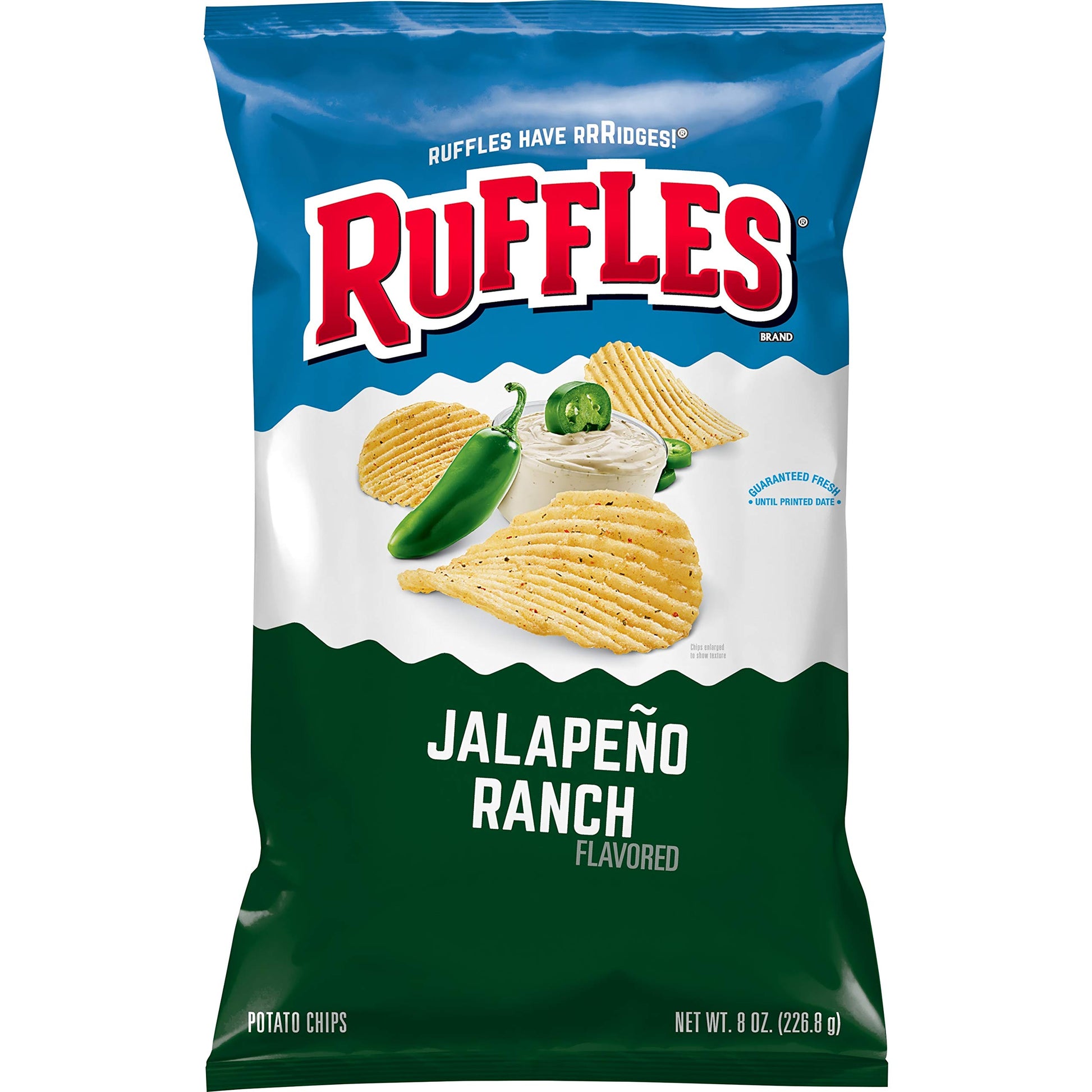 Ruffles Potato Chips, Jalapeno Ranch Flavored Snacks, 8 Oz Bag