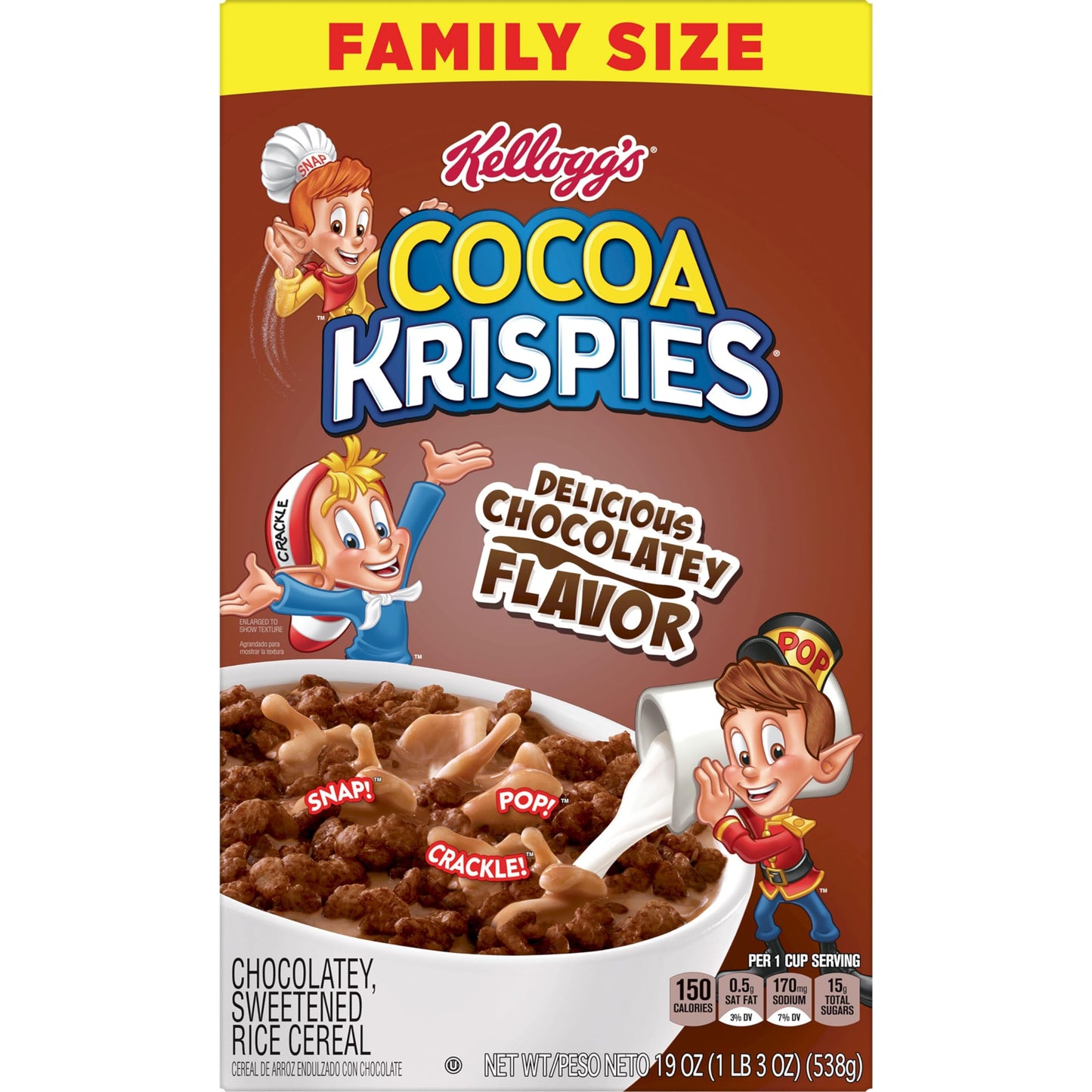 Kelloggs Cocoa Krispies Breakfast Cereal, Kids Snacks, Family Breakfast, Family Size, Chocolatey Flavor, 19oz Box (1 Box)