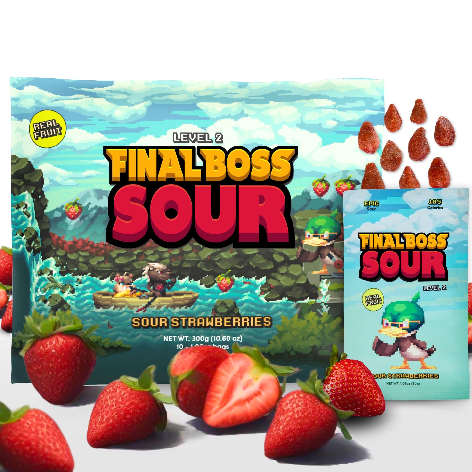 Final Boss Sour Candy  Extremely Super Sour Gummy Candy  Strawberry  LvL 2  (1.06 Ounces Bags  10 Bags) - Gummies Made with Dried Fruit  Free of Artificial Colors  Low Calorie Healthy Snack for Kids & mature-themeds
