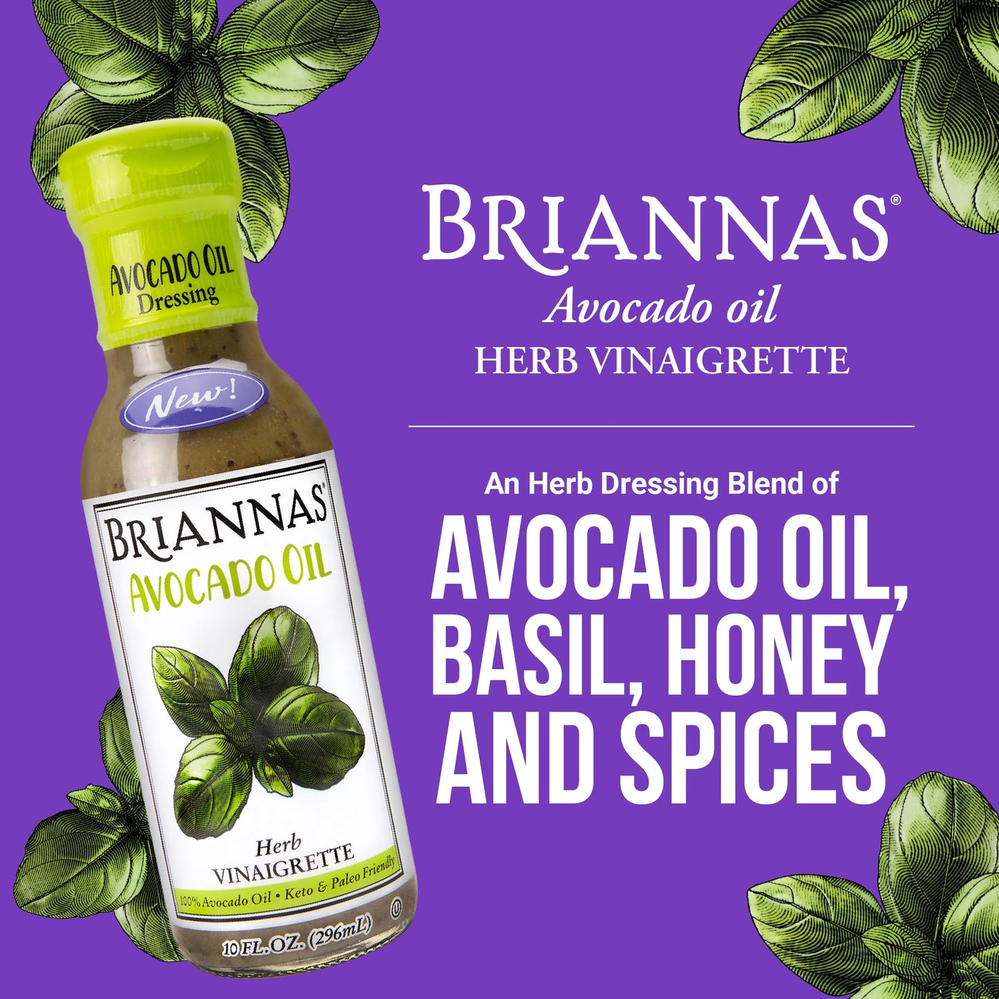BRIANNAS Avocado Oil Herb Vinaigrette Dressing, Low Sodium, Keto & Paleo Friendly, 10 Fl Oz (Pack of 2)