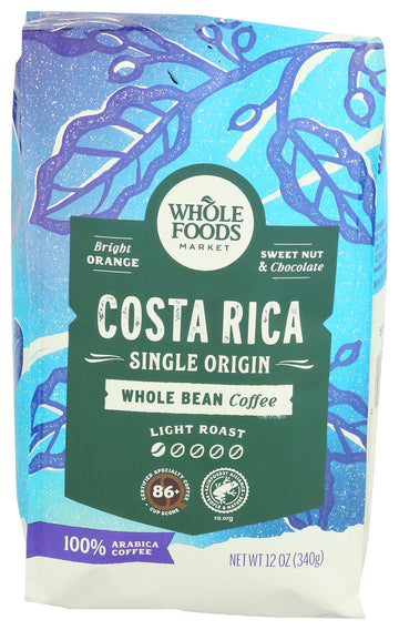Whole Foods Market, Costa Rica Single Origin Whole Bean Coffee, Light Roast, Orange & Chocolate, 12 Ounce