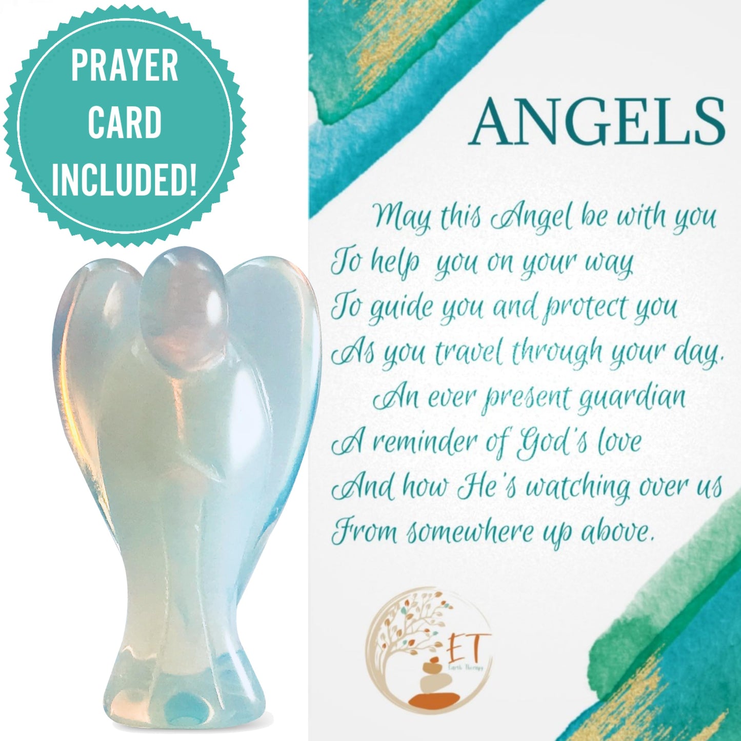 Earth Therapy Original Pocket Guardian Angel With Serenity Prayer Card - Opal Healing Stone Figurine - Bless Yourselves And Your