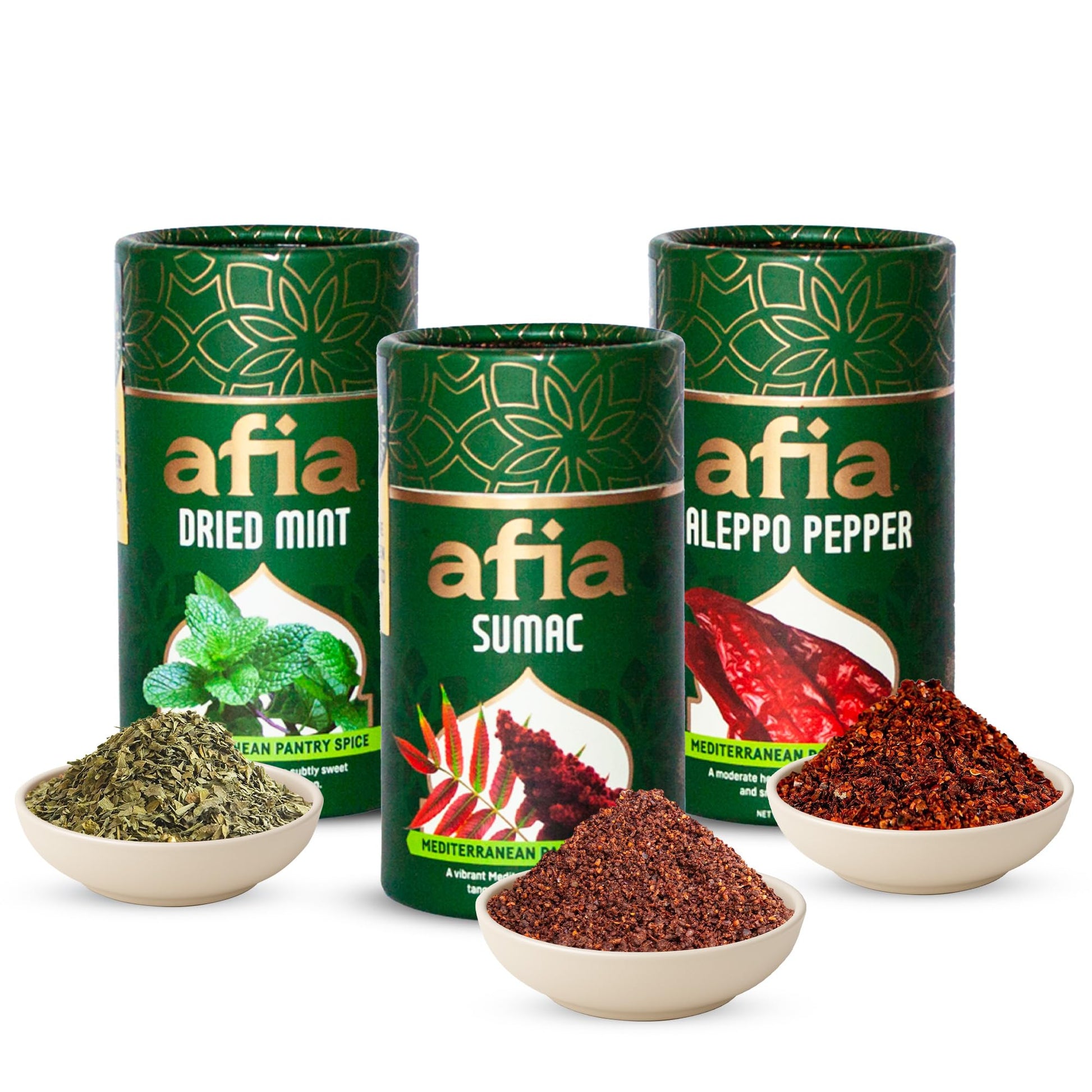 Afia Mediterranean Pantry Spices Gift Set | Aleppo Pepper, Dried Mint & Sumac | Seasoning Set For Steak, Chicken, Vegetables & Bbq Rub (Pack Of 3)
