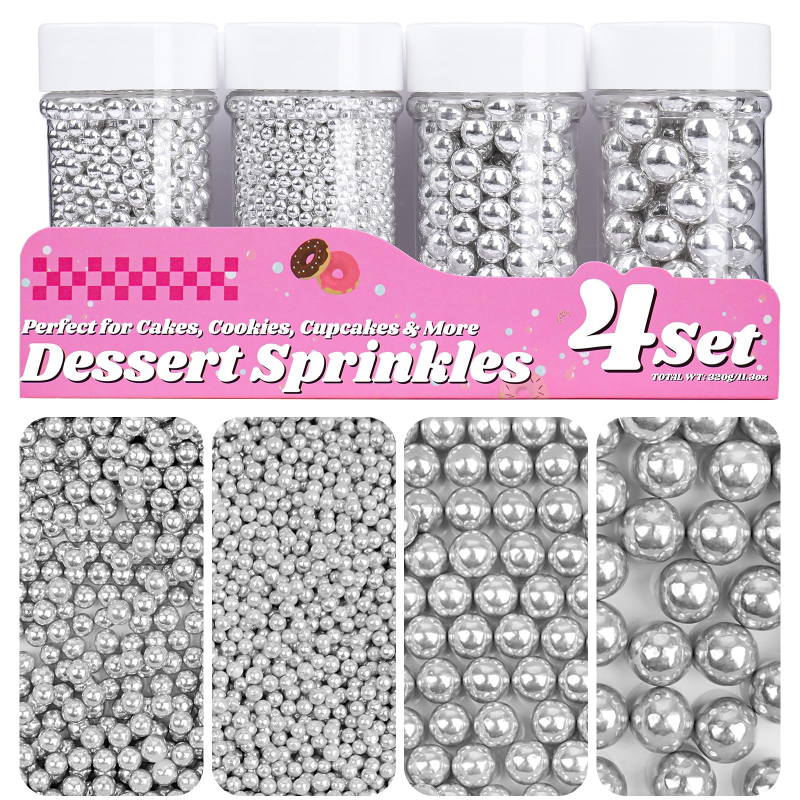 Silver Pearl Sprinkles for Cake Decorating, 11.3 Oz Edible Pearls Sugar Large Capacity 4 Jars Set for Baking Cookie Ice Cream Cu