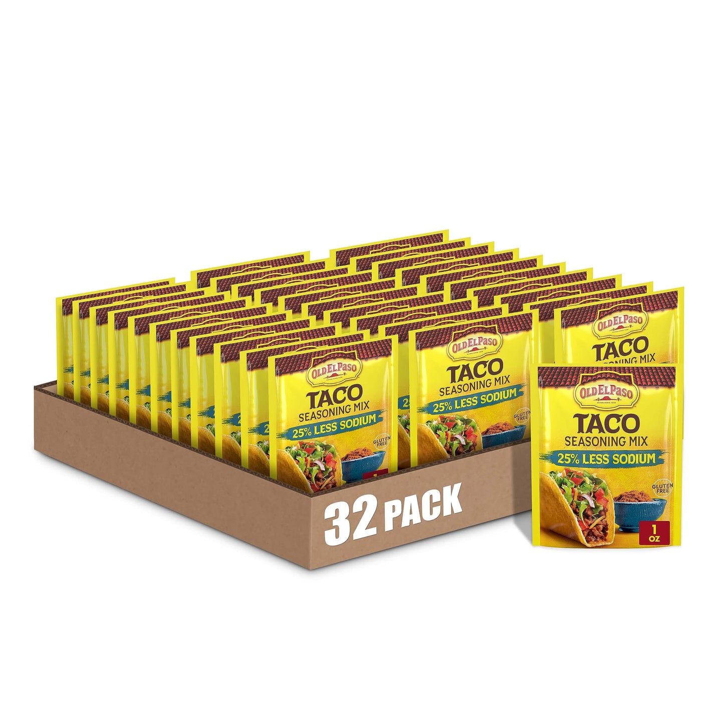Old El Paso Taco Seasoning, 25% Less Sodium, 1 oz., Pack of 32