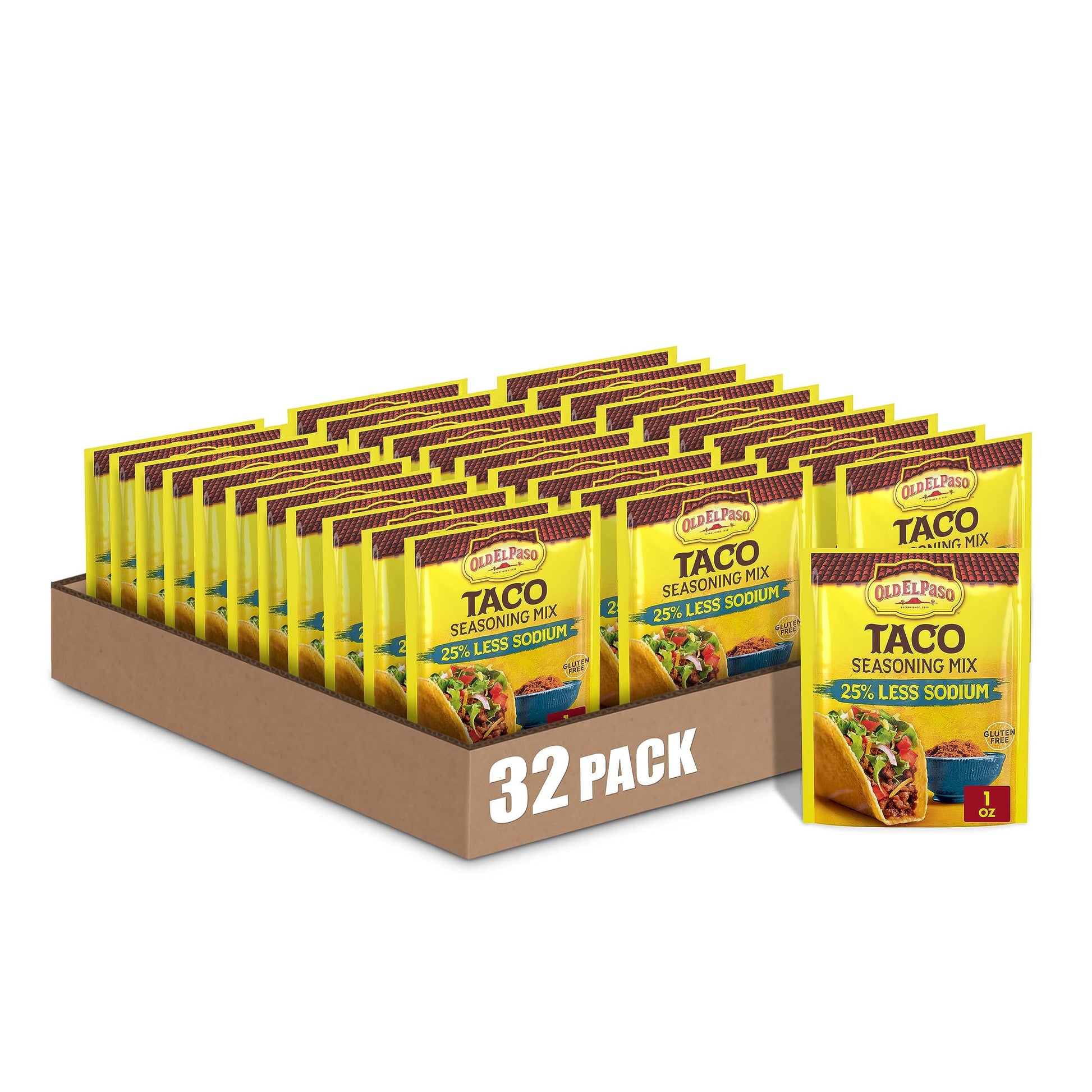 Old El Paso Taco Seasoning, 25% Less Sodium, 1 oz., Pack of 32