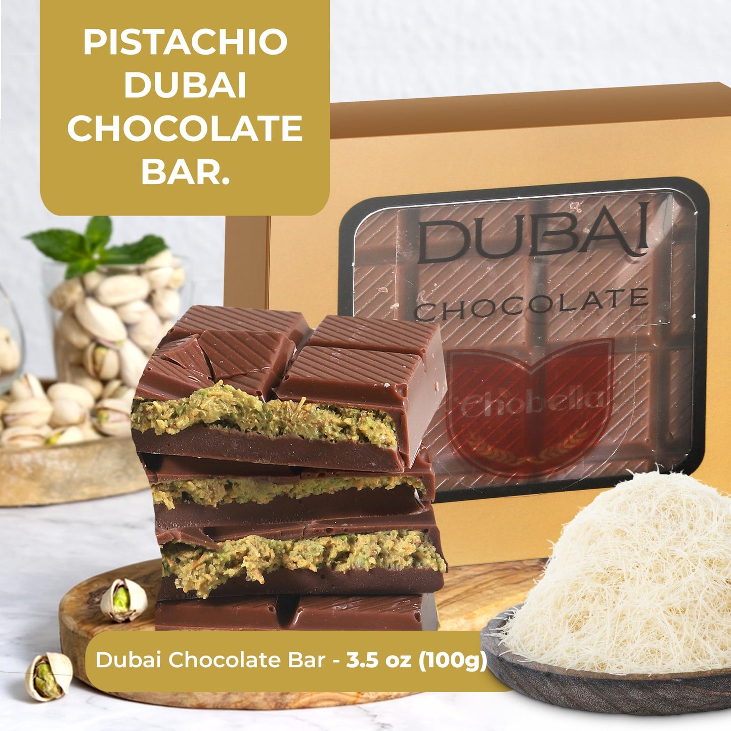Chobella Dubai Chocolate Bar Pistachio 3.5 Oz (100G), Luxury Viral Dubai Chocolate With Shredded Phyllo Dough, Knafeh Candy Bar With Pistachio Cream And Kataifi, Knafeh, Gift Box