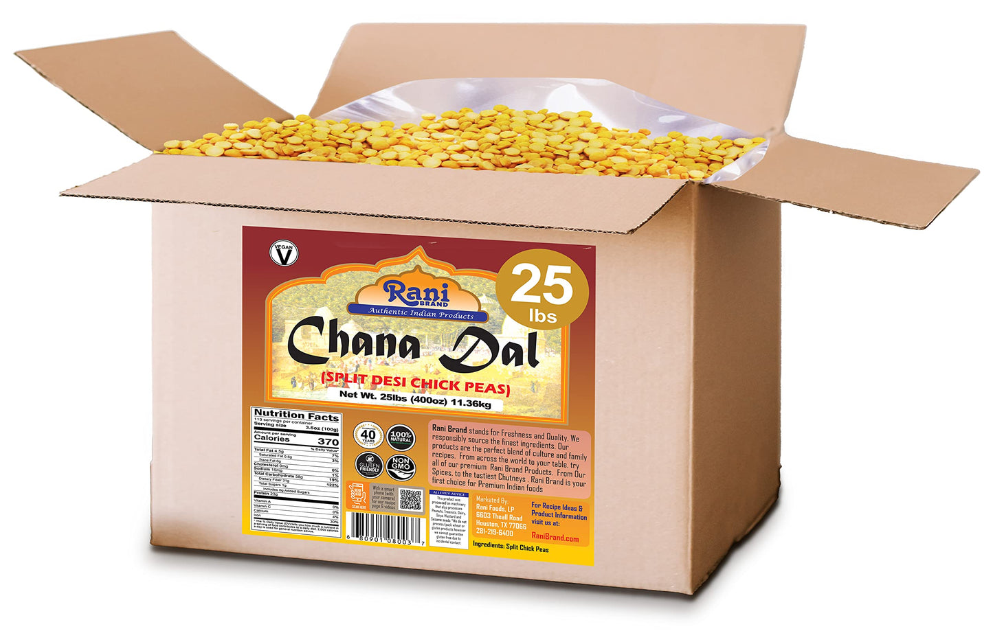 Rani Chana Dal (Split Desi Chickpeas without skin) 400oz (25lbs) 11.36kg Bulk Box ~ All Natural | Gluten Friendly | NON-GMO | Ko