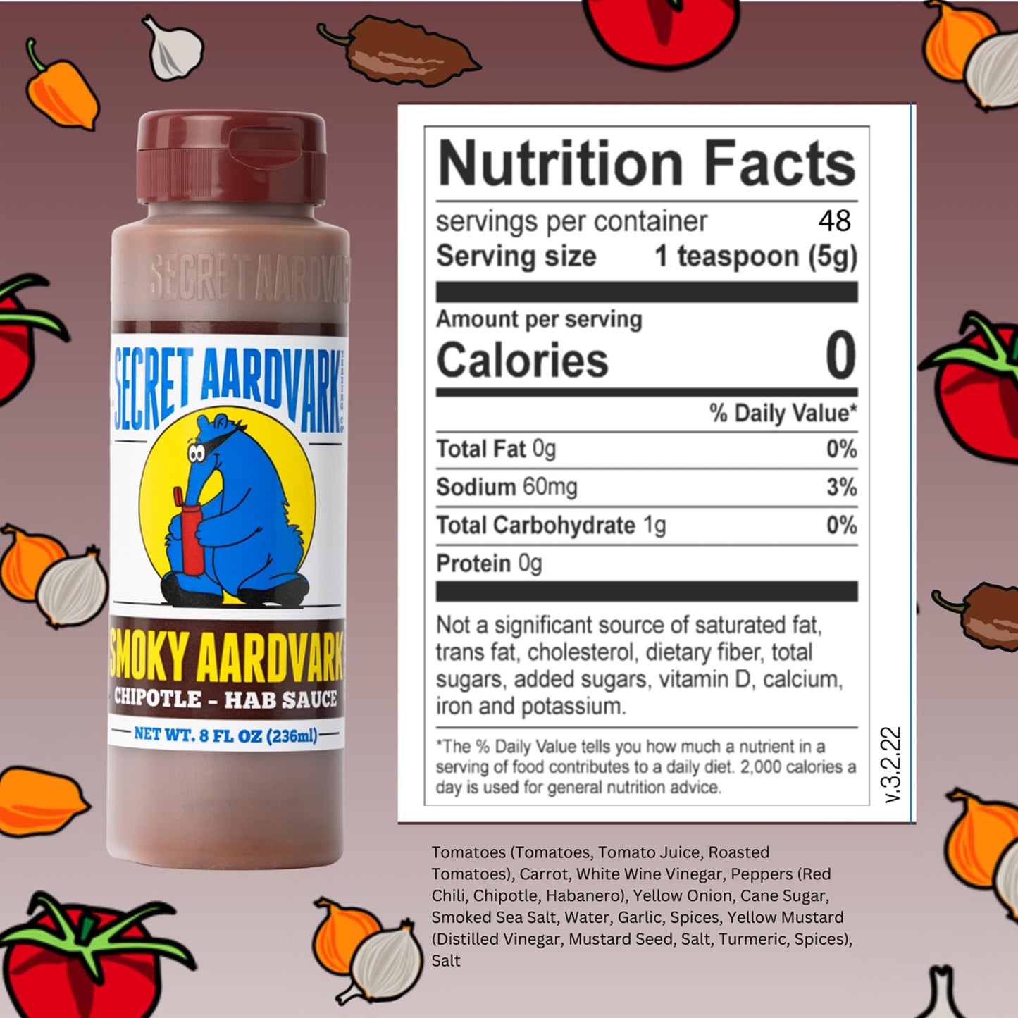 Secret Aardvark Smoky Chipotle Hot Sauce, Mild, Non-GMO, Low Sugar, 8 fl oz, 1 Pack, Model 0853393000283