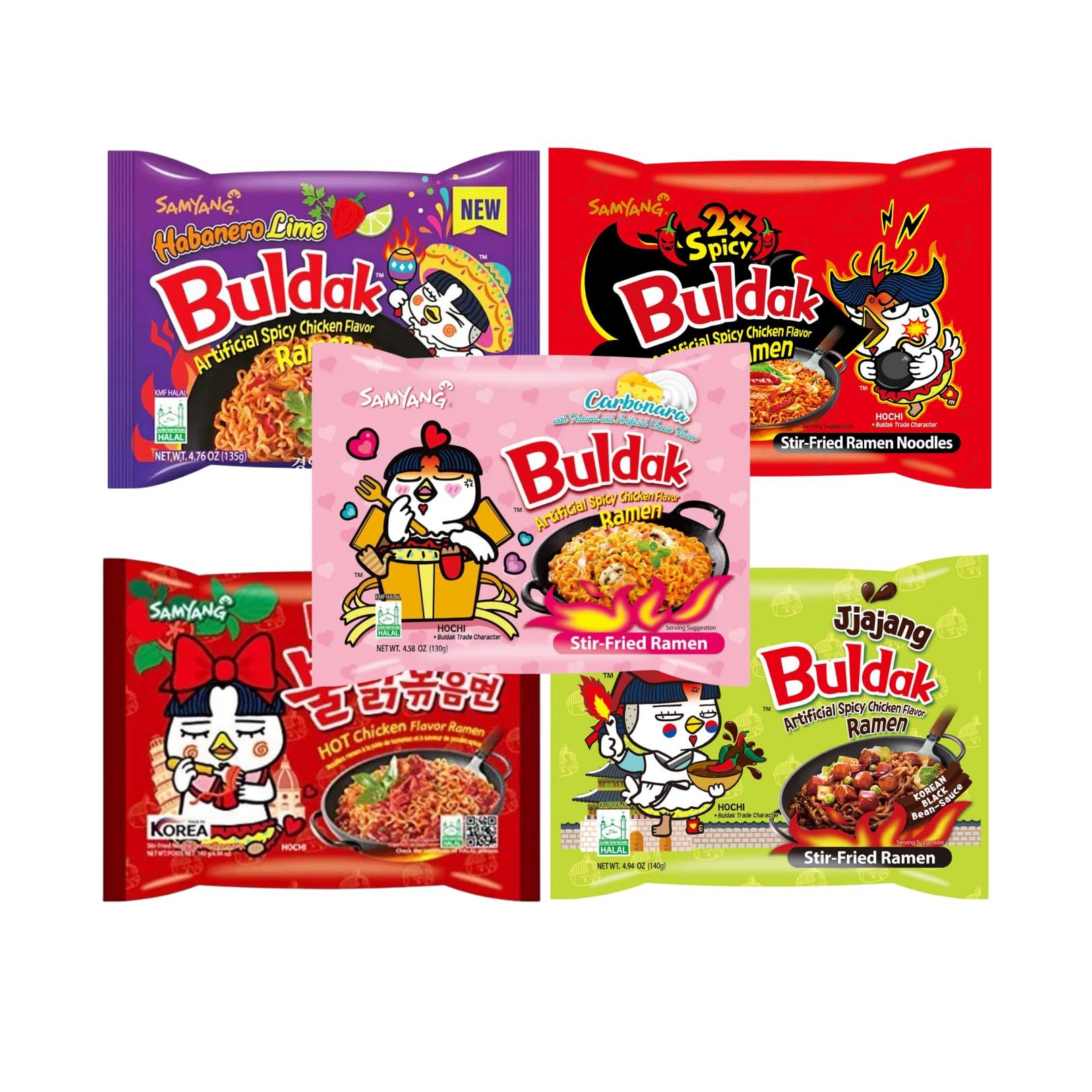 Samyang Buldak Hot Spicy Chicken Ramen Noodle Korean Stir-Fried Ramen, Carbonara & Habanero Lime Flavor, 5 Pack For Each Flavor