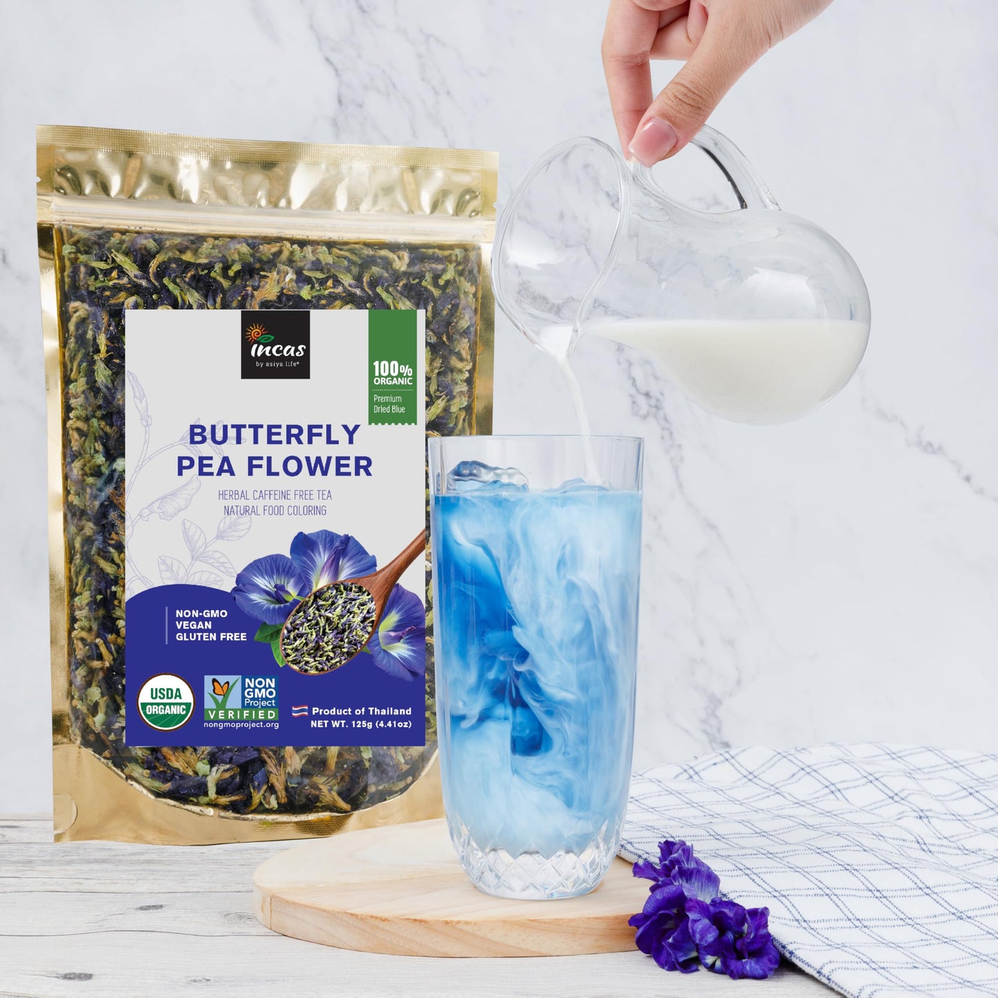 Incas by Asiya Life Organic Butterfly Pea Flower, 4.41 oz, Non-GMO, Caffeine-Free, Vegan, Rich in Antioxidants