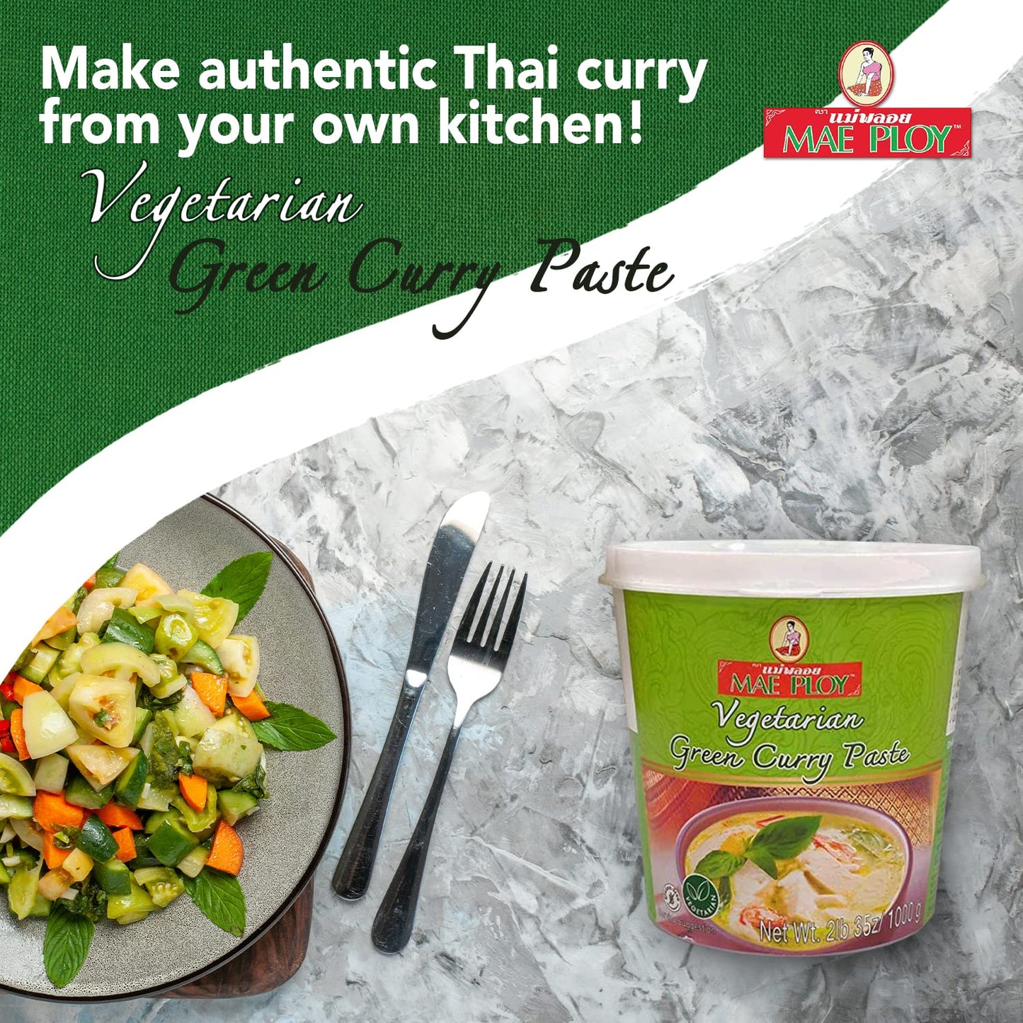 Mae Ploy Vegetarian Green Curry Paste, Authentic Thai Spices, 35 oz Tub, No MSG, Preservatives, 2.18 lb