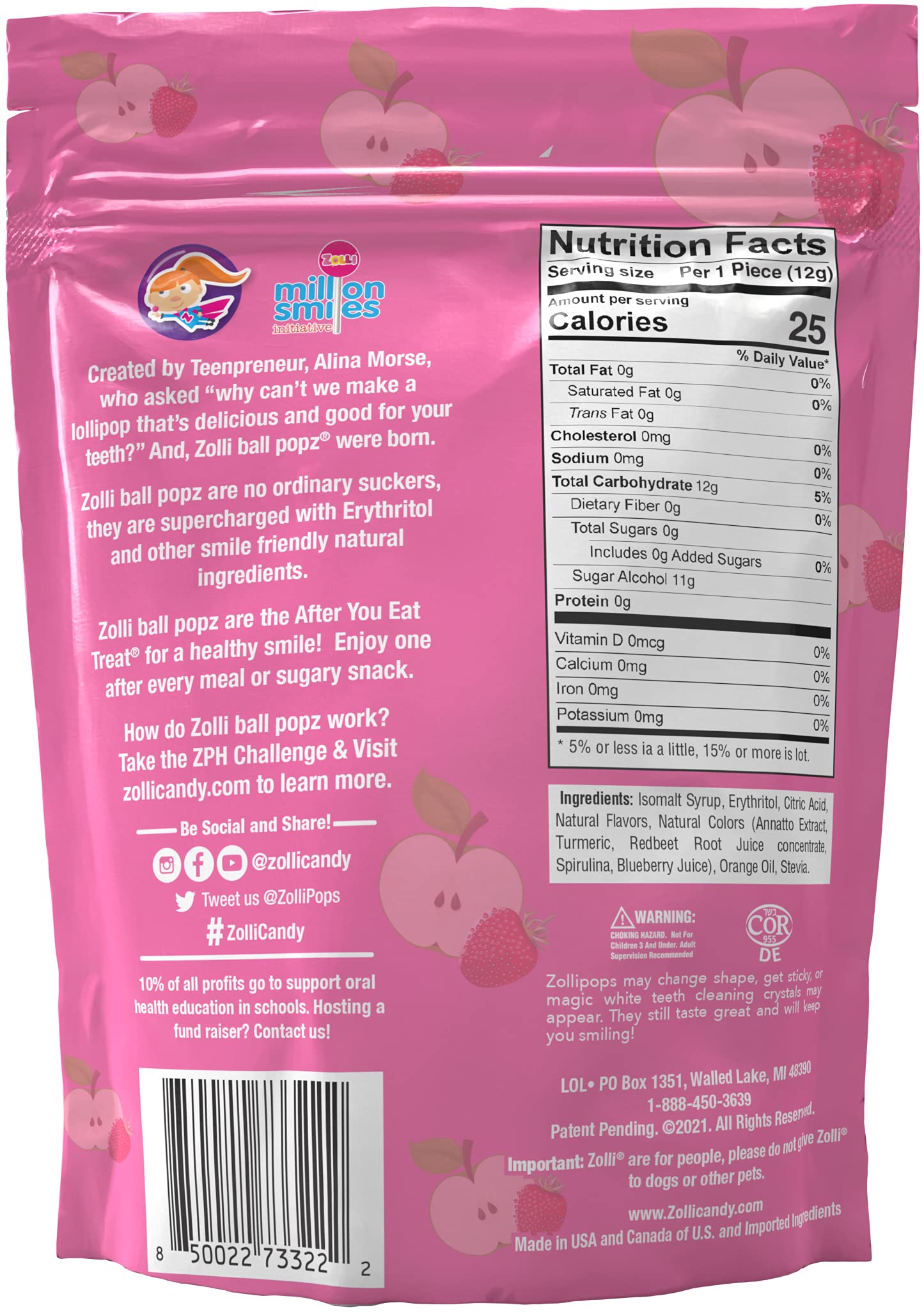 Zolli Ball Popz Green Apple & Strawberry - Sugar-Free, Allergy-Free, Vegan, Keto Lollipops For A Flavorful And Guilt-Free Treat
