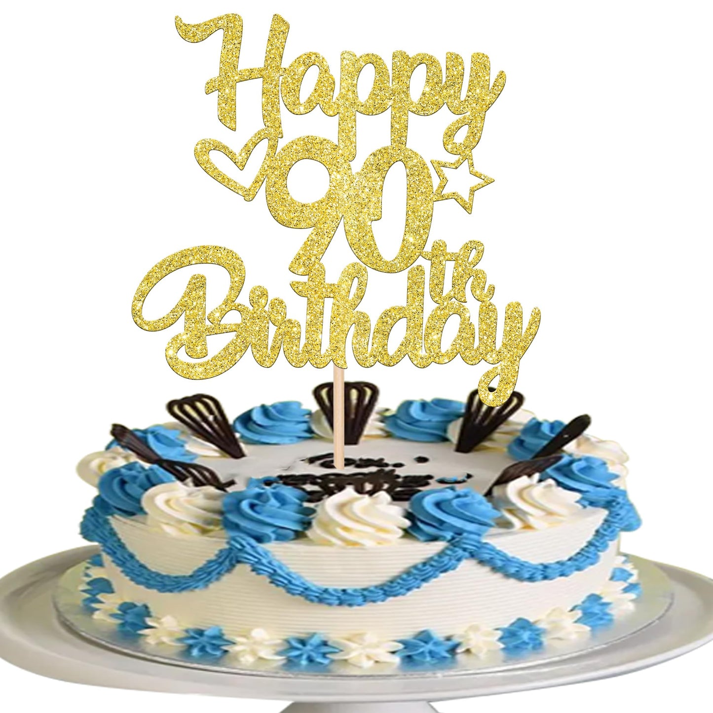 YCTHUNFISH 90th Birthday Cake Topper Glitter Heart Star Gold Bamboo Decorations