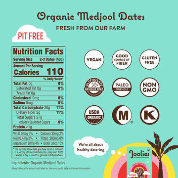 Joolies Organic Medjool Date Snack Pack | 3 Pit-Free Dates, 12 Pack | Fresh California Grown Fruit | Vegan, Gluten-Free, Paleo,