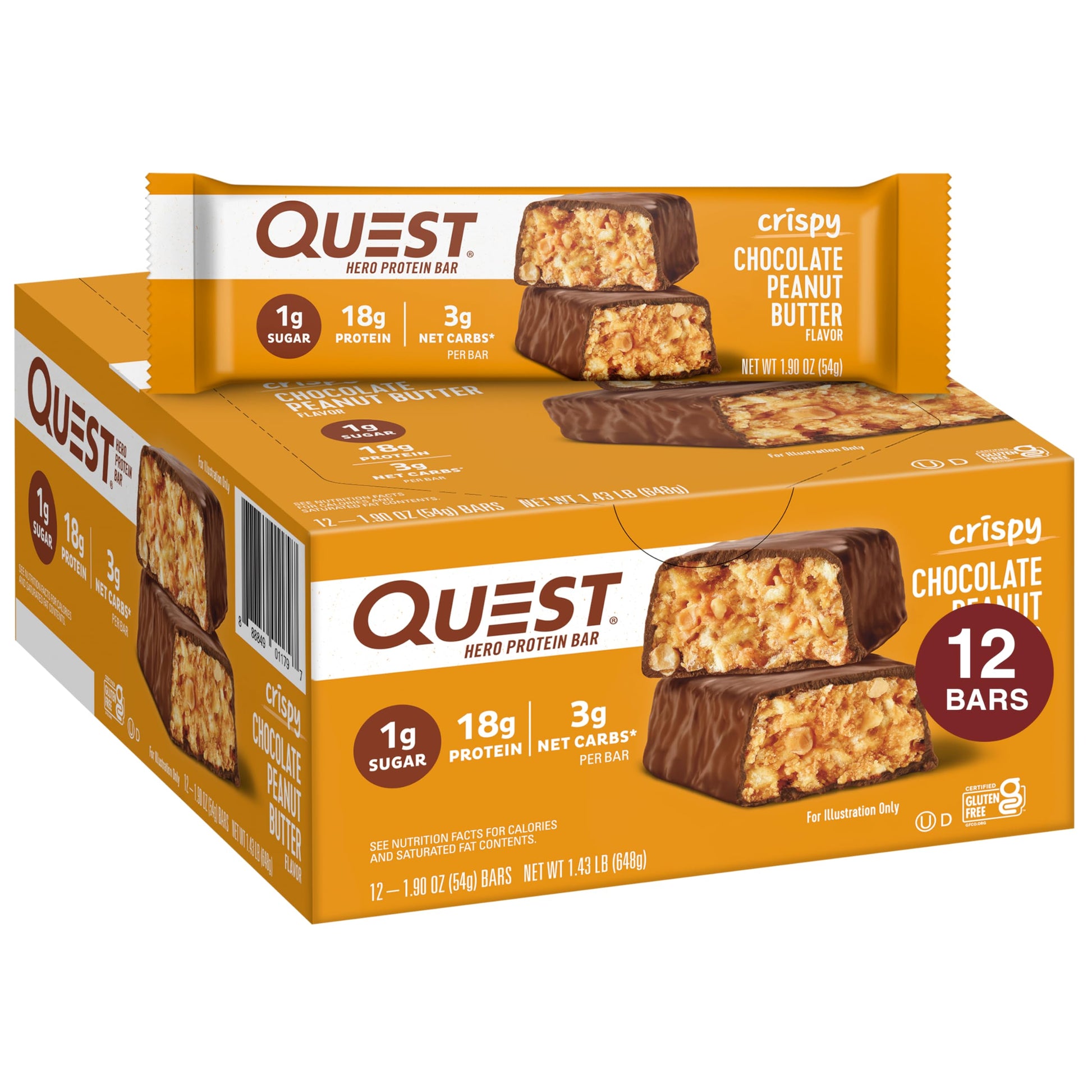 Quest Nutrition Crispy Chocolate Peanut Butter Hero Protein Bar, 18G Protein, 1G Sugar, 3G Net Carb, Gluten Free Protein Snack, 
