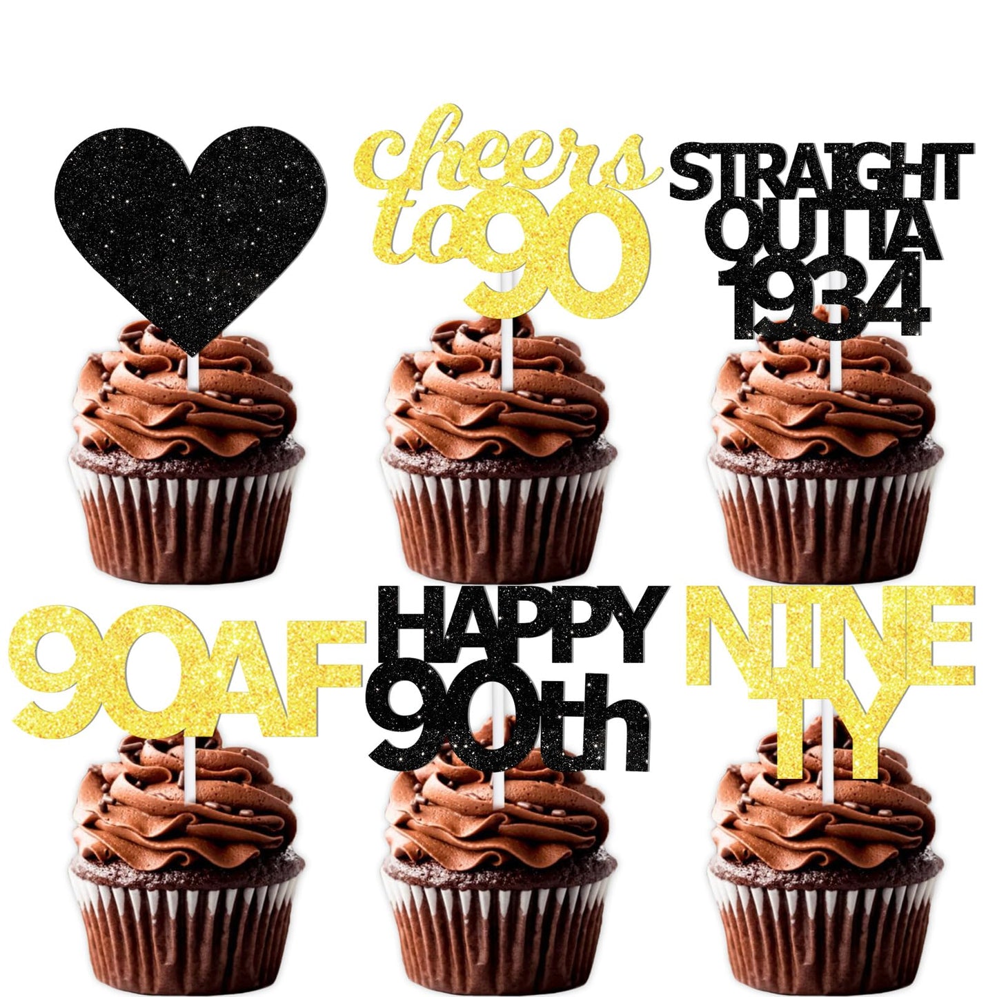 18Pcs Black Gold Glitter Dessert Cupcake Pick For Straight Outta 1934 Cheer To 90 Years Old Theme Decor Supplies Happy 90Th Birt