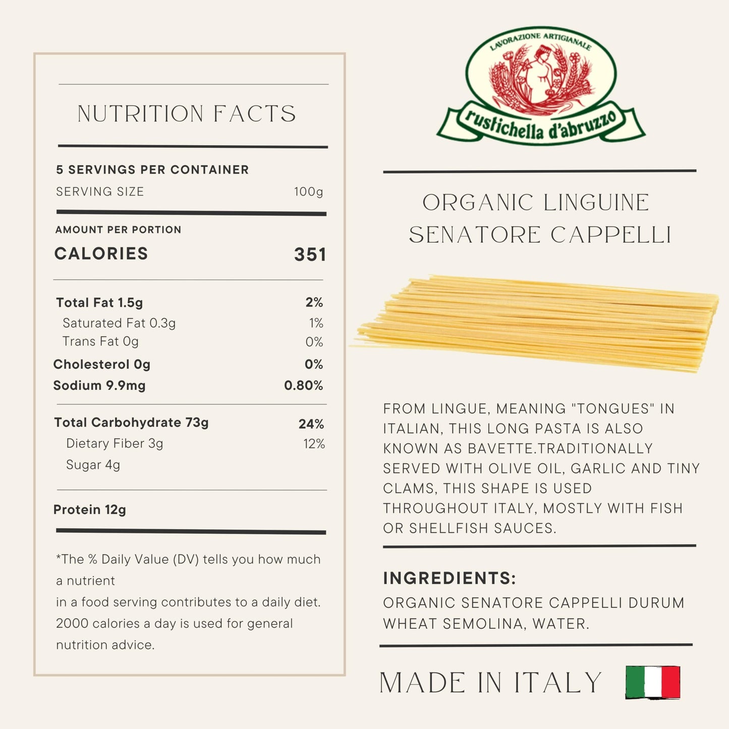 Rustichella D'Abruzzo Organic Senatore Cappelli Linguine - 500G Heritage Italian Wheat Pasta With Subtle Sweet Flavor - Ideal Fo