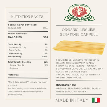 Rustichella D'Abruzzo Organic Senatore Cappelli Linguine - 500G Heritage Italian Wheat Pasta With Subtle Sweet Flavor - Ideal Fo