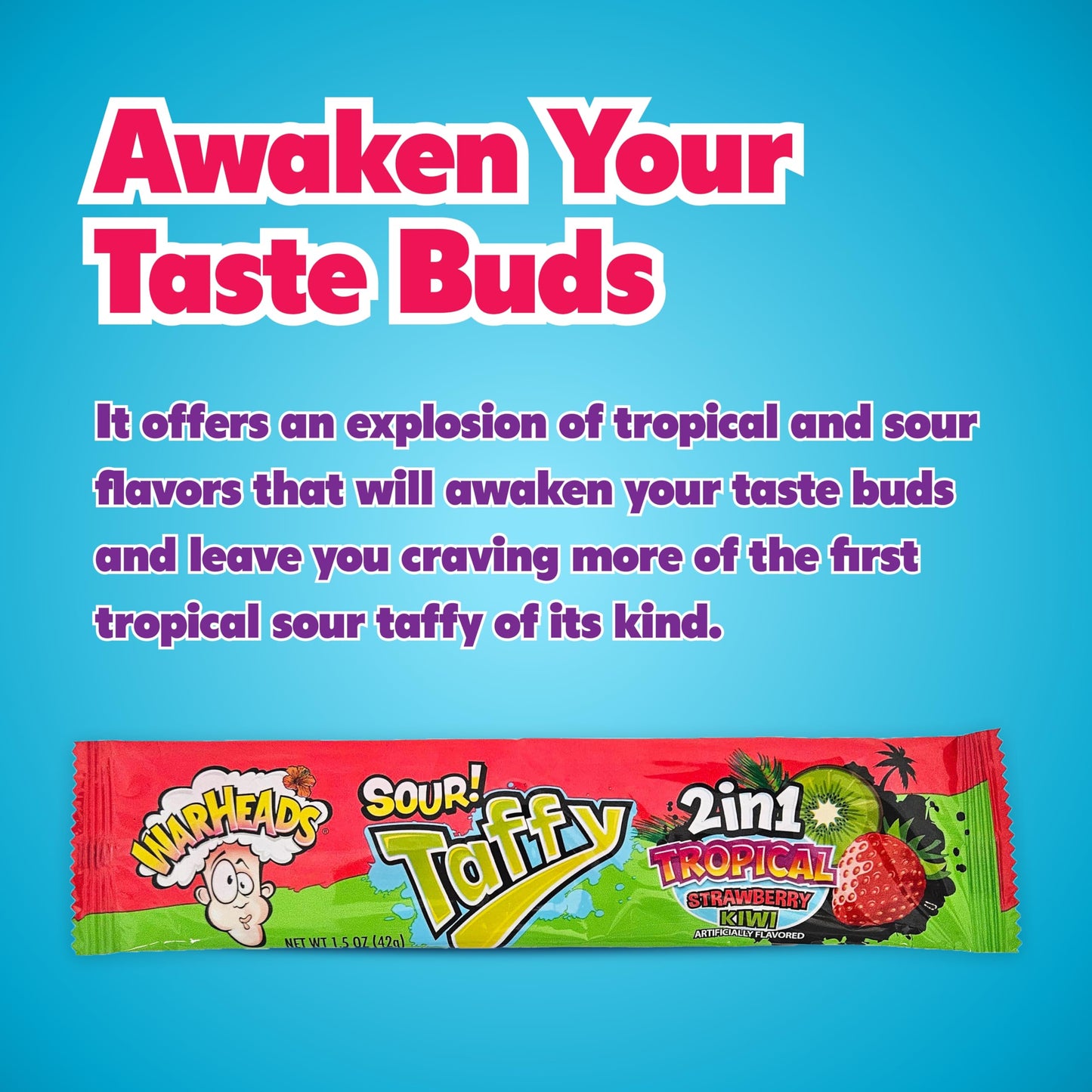 Warheads Tropical Sour Taffy 2-In-1 Chewy Bars - Tropical Candy Variety Pack - Assorted Flavors, Individually Wrapped Chewy Bars
